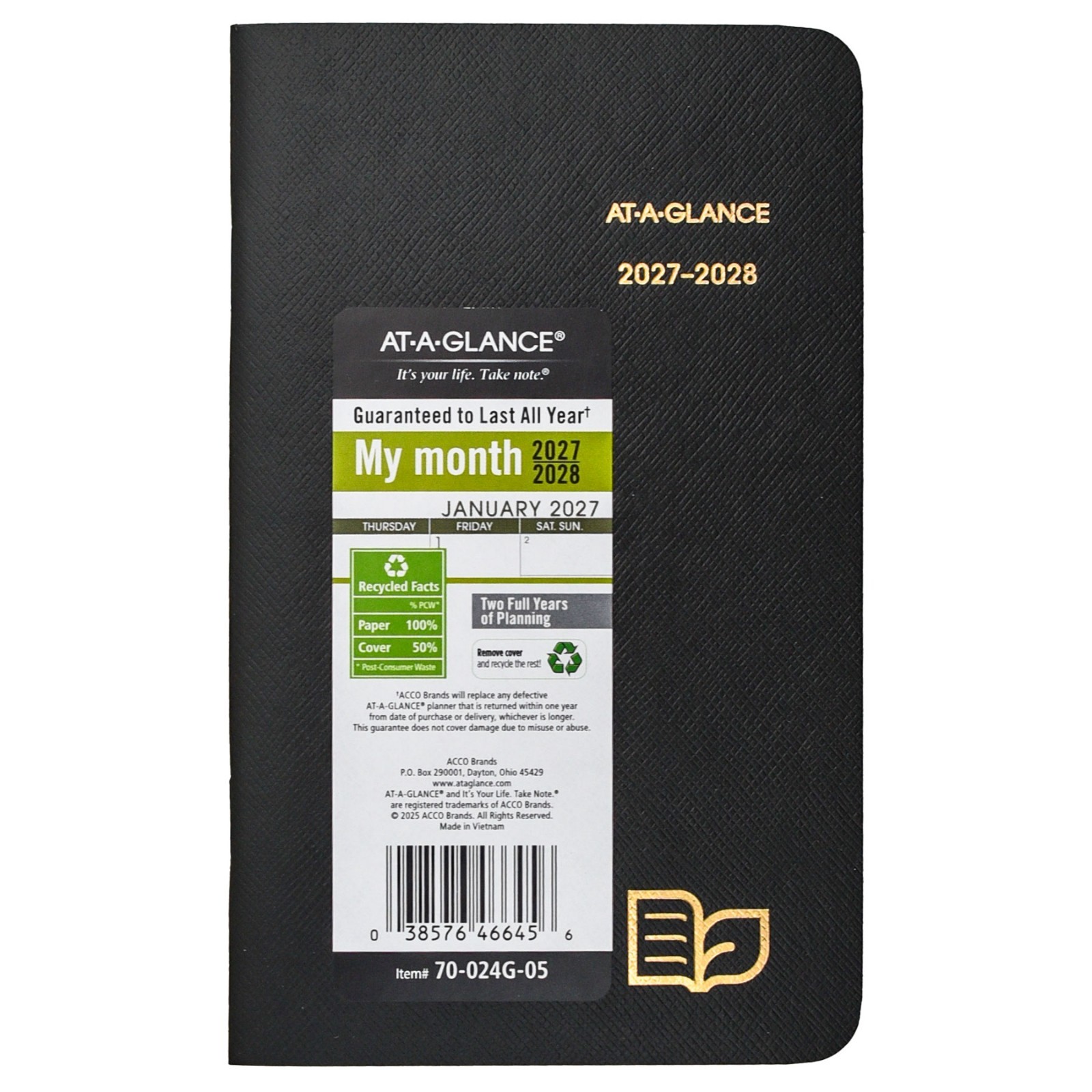 2026 & 2027 At-A-Glance 70-024G 2-Year Recycled Monthly Planner, 3-1/2 x 6-1/8″