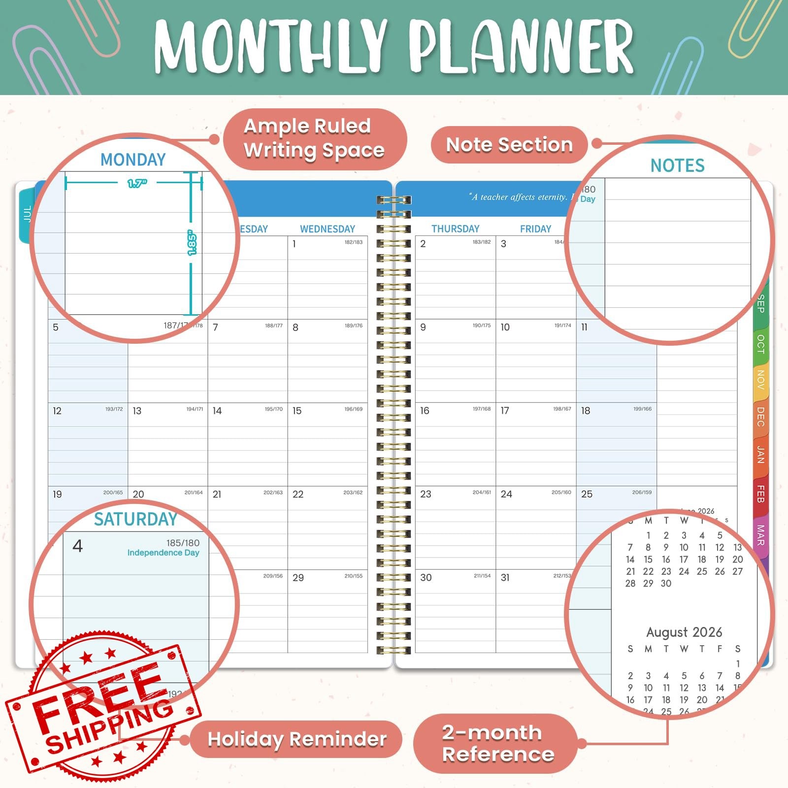 Lemome Teacher Planner 2026-2027 8.5×11 Colorful Tabs