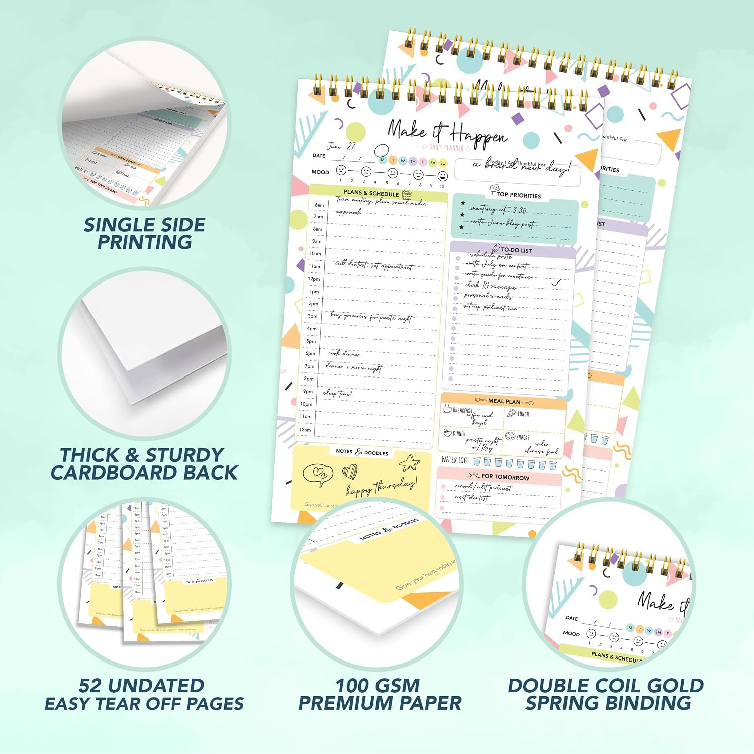 Decorably 52 Sheets Colorful Pastel Undated Daily Planner Pad – 6.5X10In Spring-