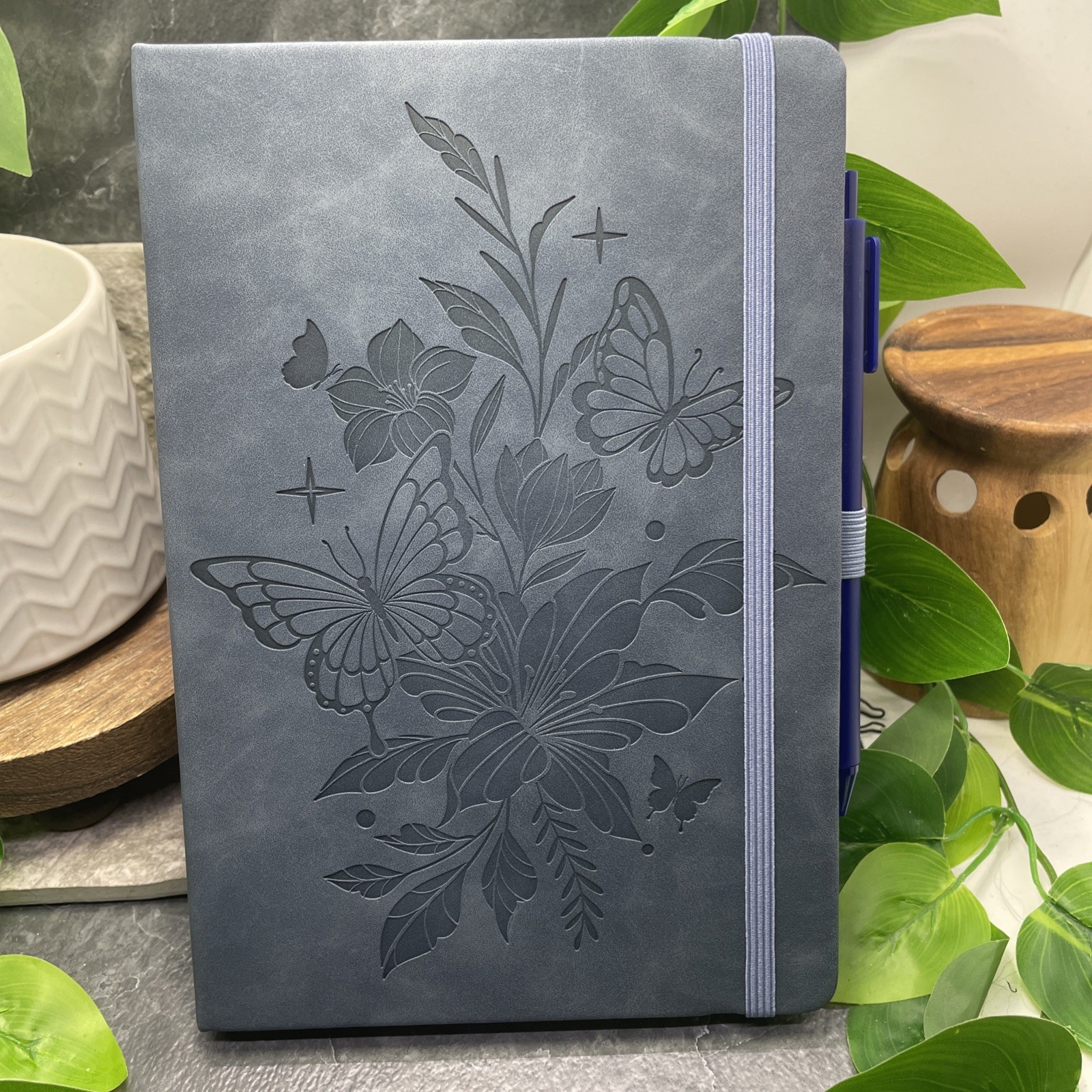 2 PC Leather Journal & Pen Set Lined 200 Pages 8×5″ Floral New Free Ship Dk Blue