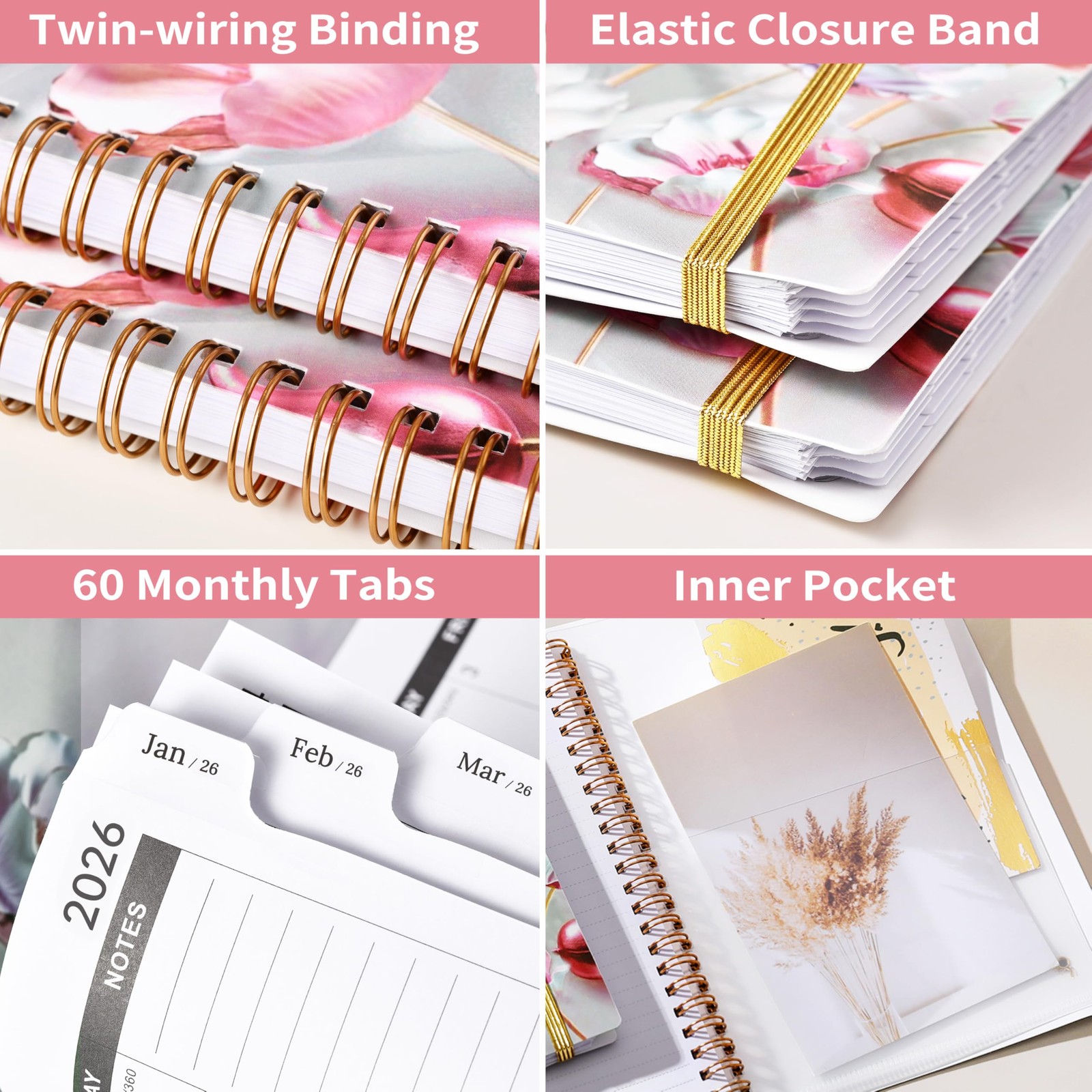 5-Year Monthly Planner 2026-2030, Spiral Bound with Tabs, 6.4″ x 8.5″, Pink