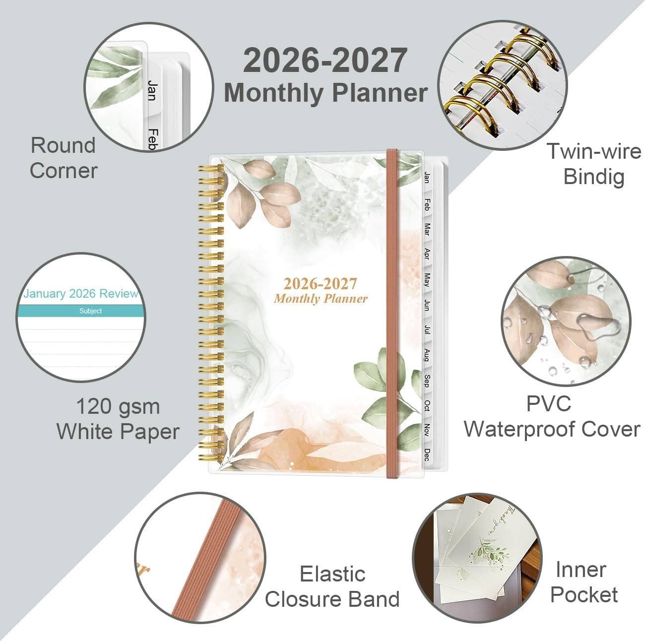 Deluxe 2026-2027 Calendar 18-Period Rose Leaf Thick Paper Organizer 6.4×8.5 Tabs