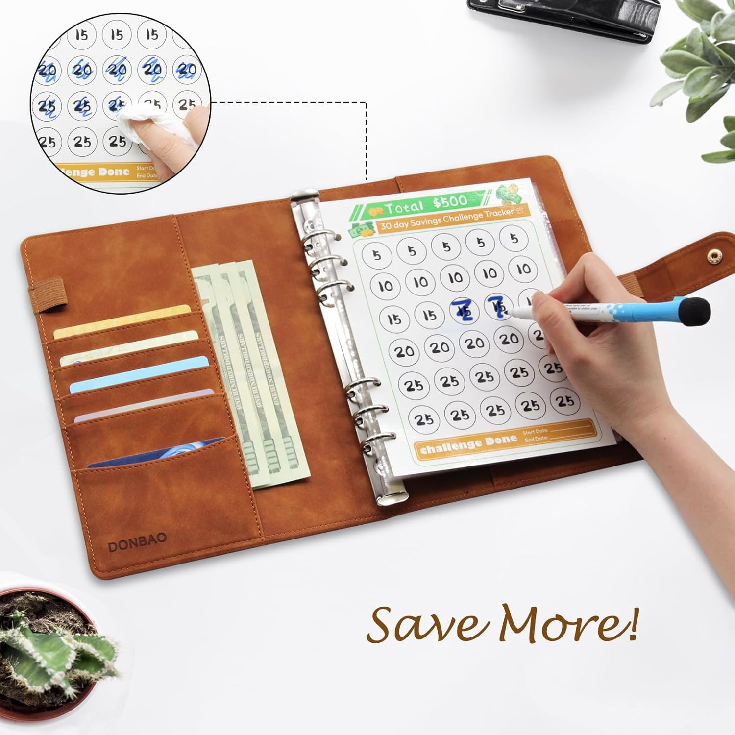 A5 Budget Binder with 100 Envelopes & Savings Challenge Tracker (Brown)