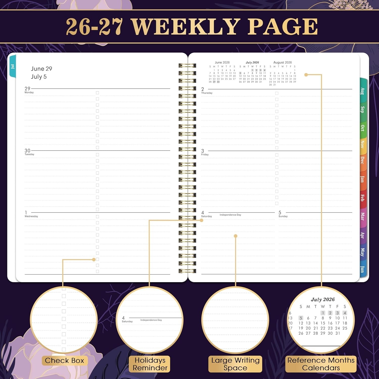 Elegant 2026-2027 Academic Planner | Twin-Wire Binding & Back Pocket | Purple