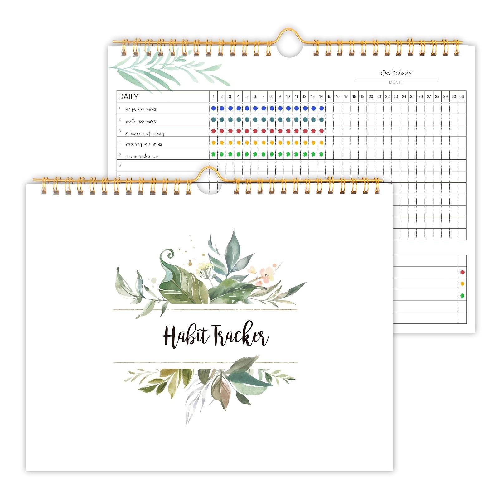 Spiral Habit Tracker, 8×10 Undated Calendar, Goal Setting Planner, Green