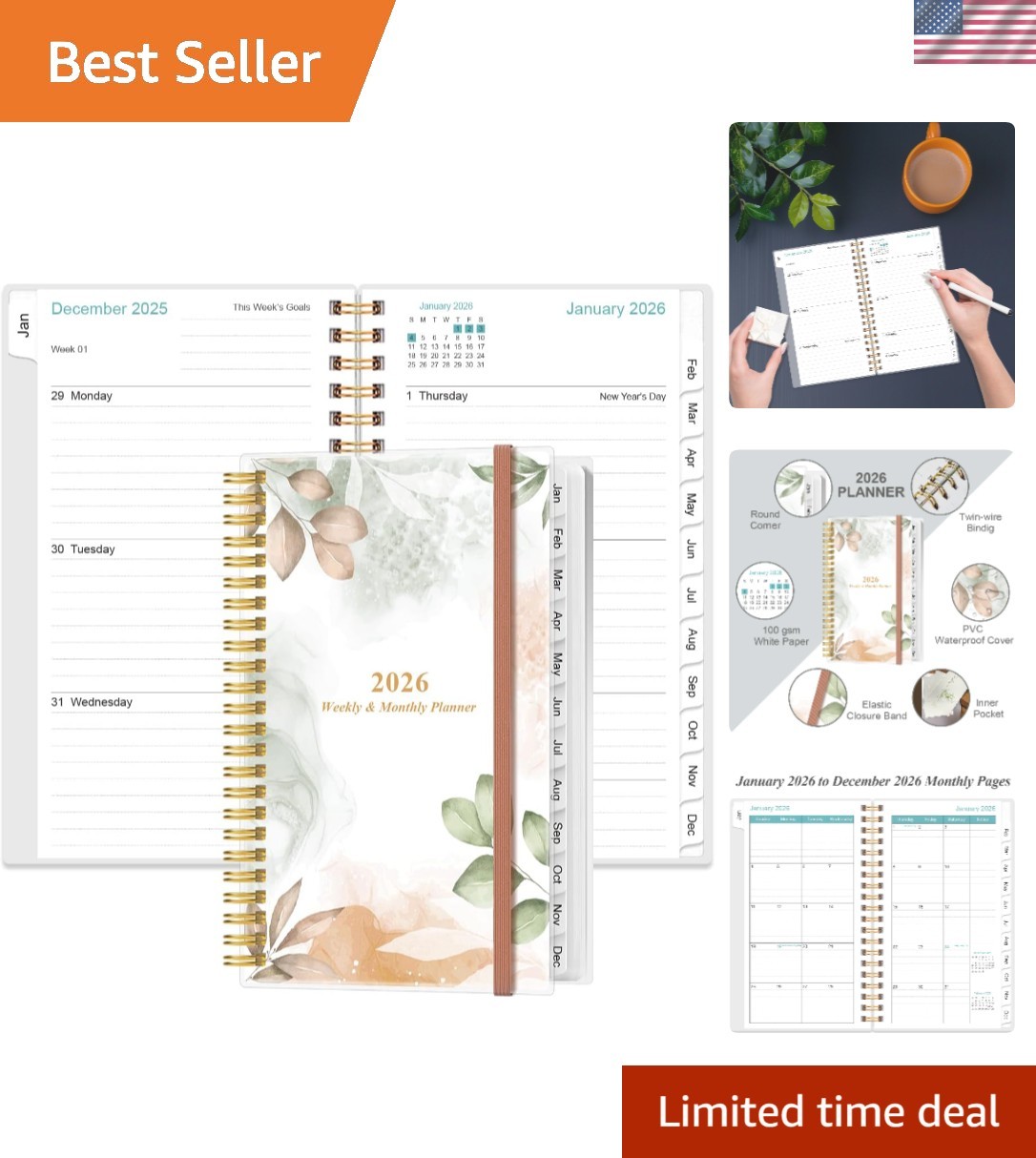 2025-2026 Pocket Calendar – Elegant Rose Leaf Planner with Ample Writing Space