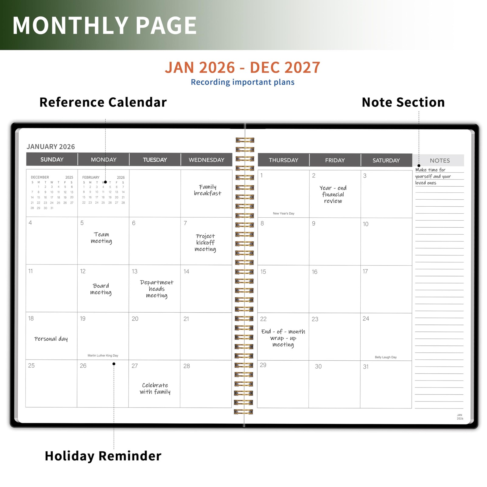 Monthly Planner 2026-2027, 2 year calendar A4( Jan 2026-Dec 2027 ), Black
