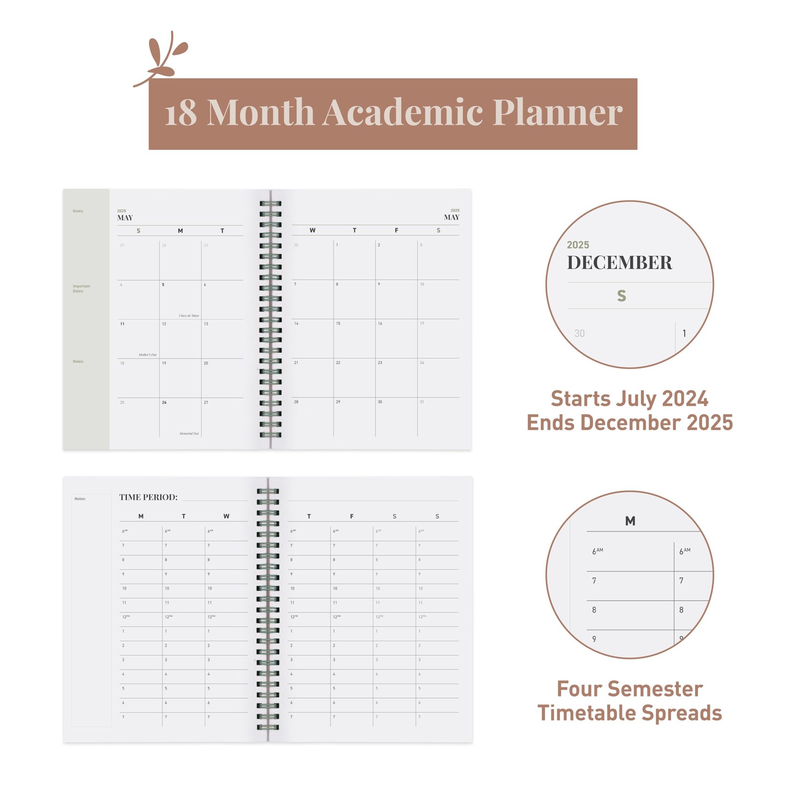 Student Planner 2025 2026, Twin Wire Binding, Agenda For , Green