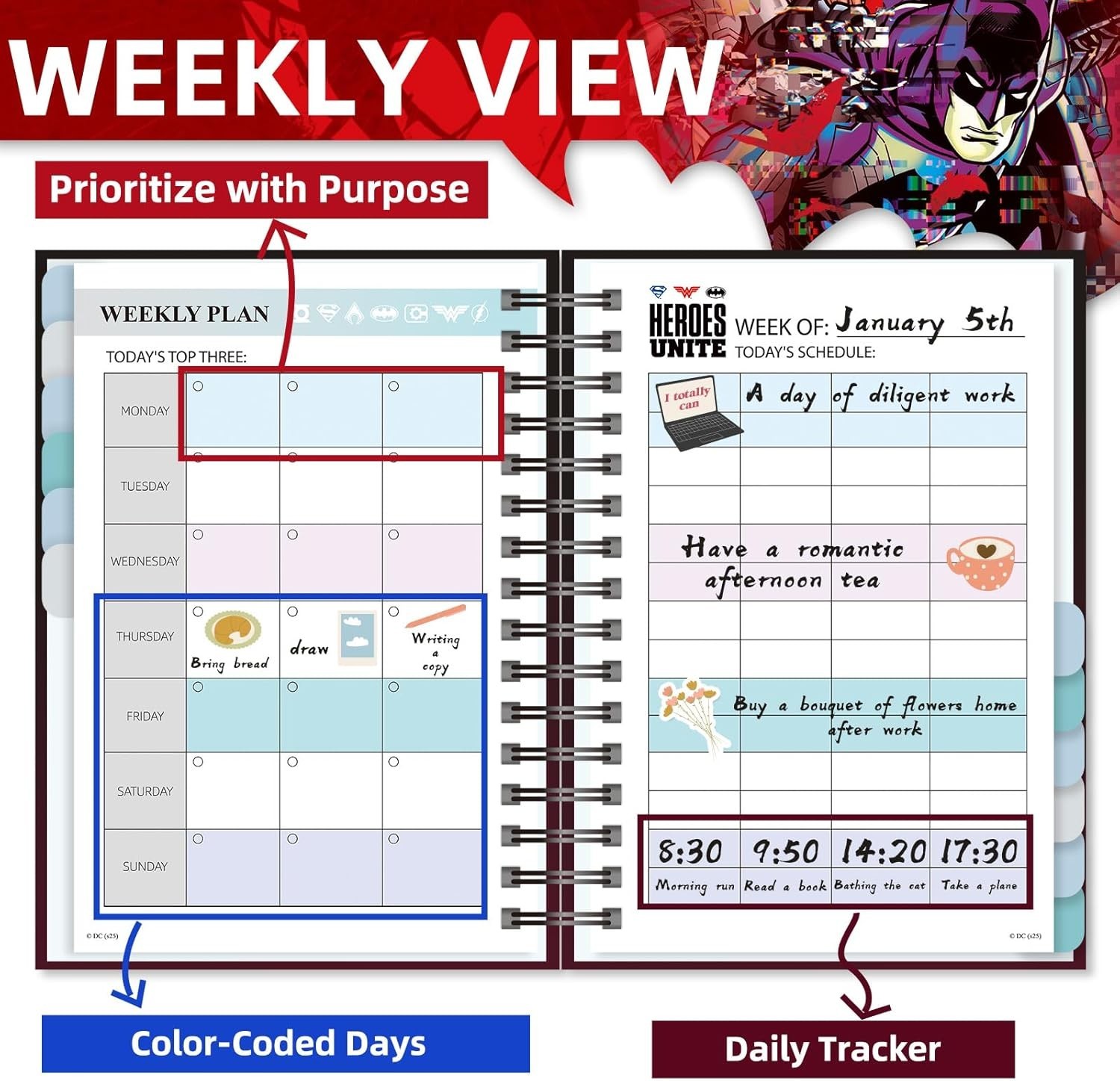 Batman 2026 Planner Undated Daily Weekly Monthly Organizer with Calendar Habi…