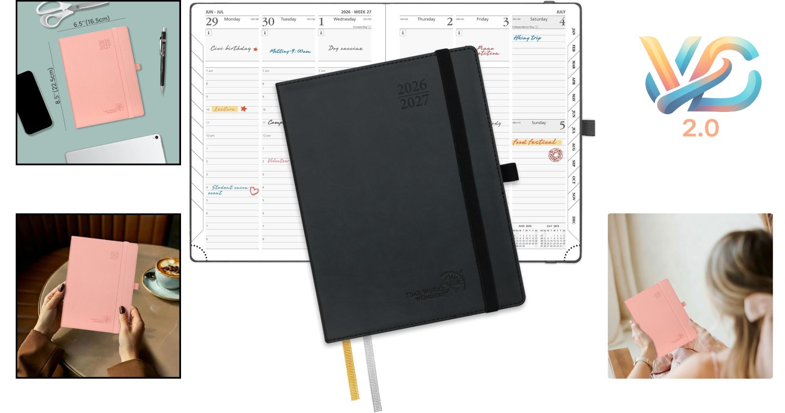 Planner 2026-2027 Leather Soft Cover 6.5 x 8.5 Hourly Academic Organizer Black