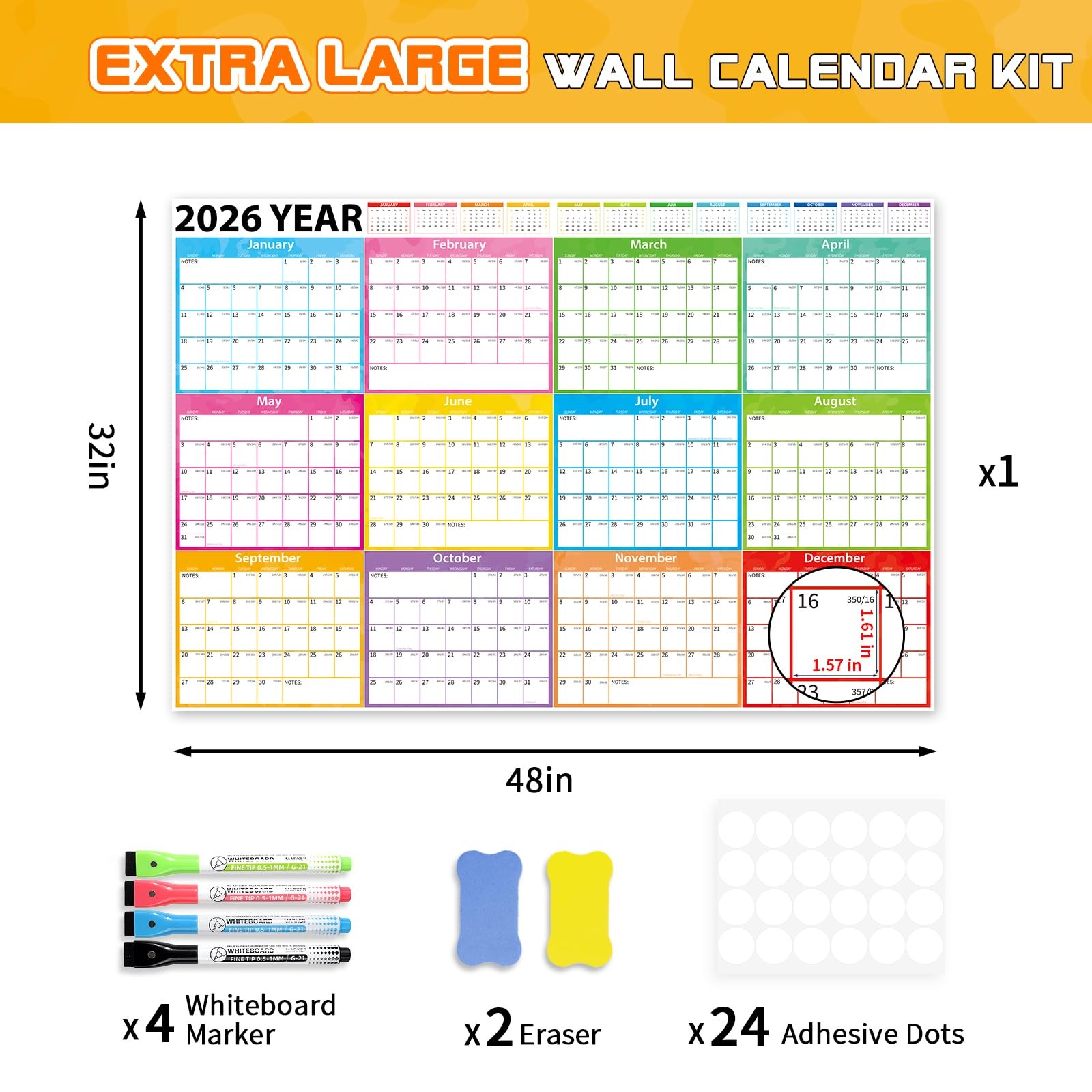 2026 Calendar,MoShining,Large Wall Calendar Dry Erase 48×32 inch, Multi