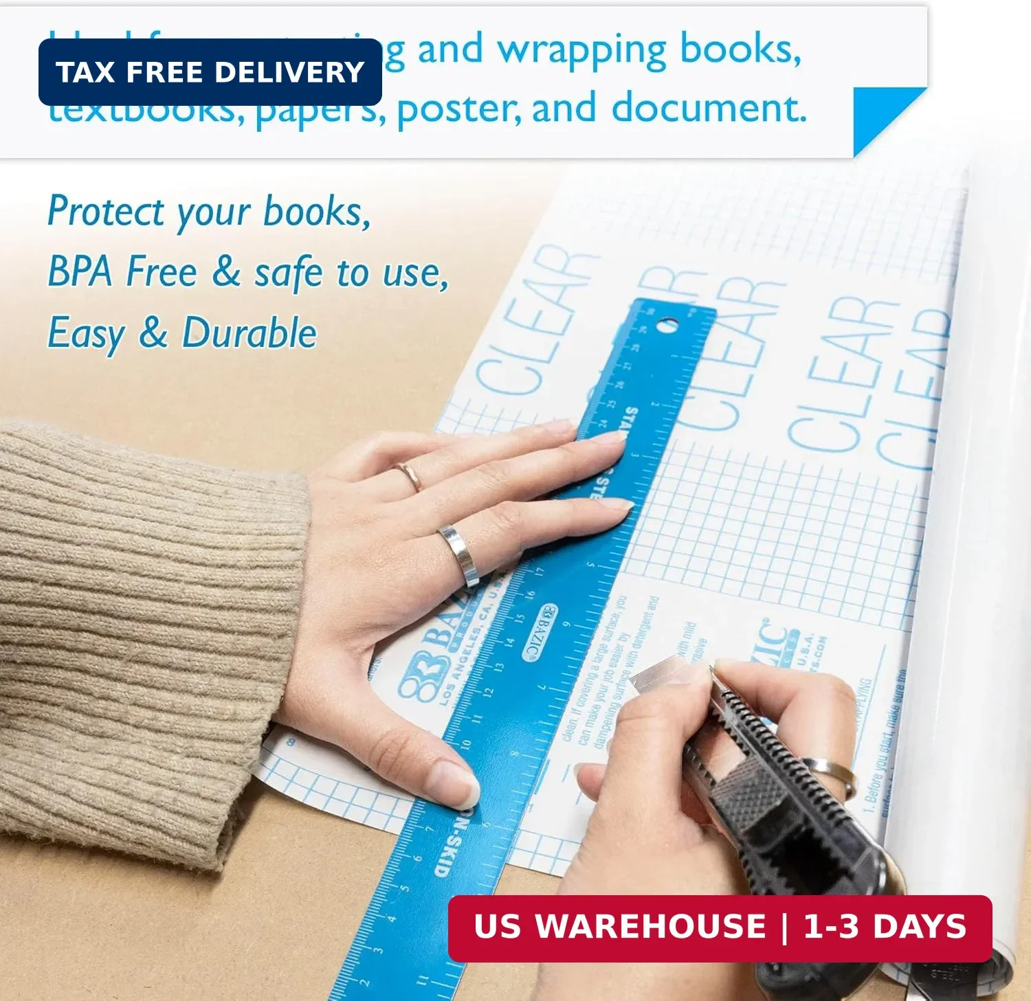 BAZIC Products Clear Self-Adhesive Book Cover Roll, 17.5 in x 5 Ft | 17.5 in x 5