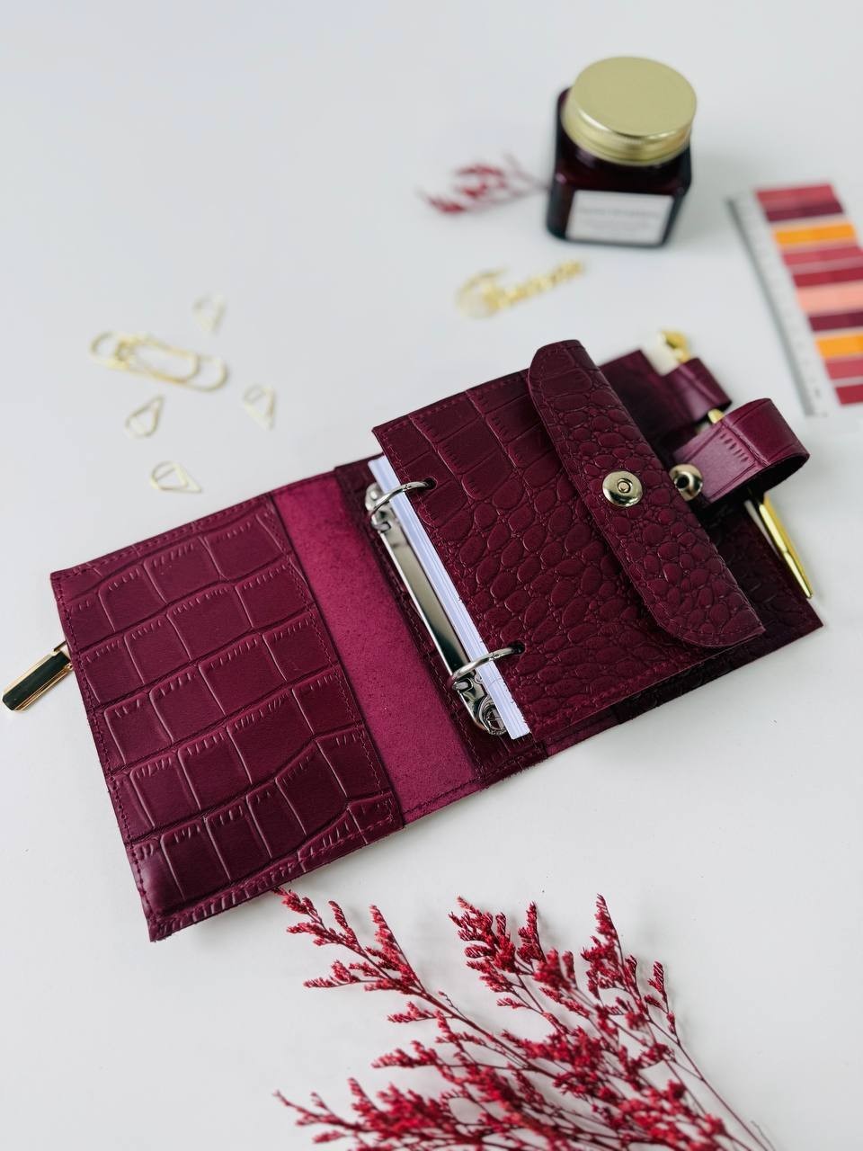 Burgundy leather notebook-wallet cover A7 Big rings mini wallet. Mini Planner.