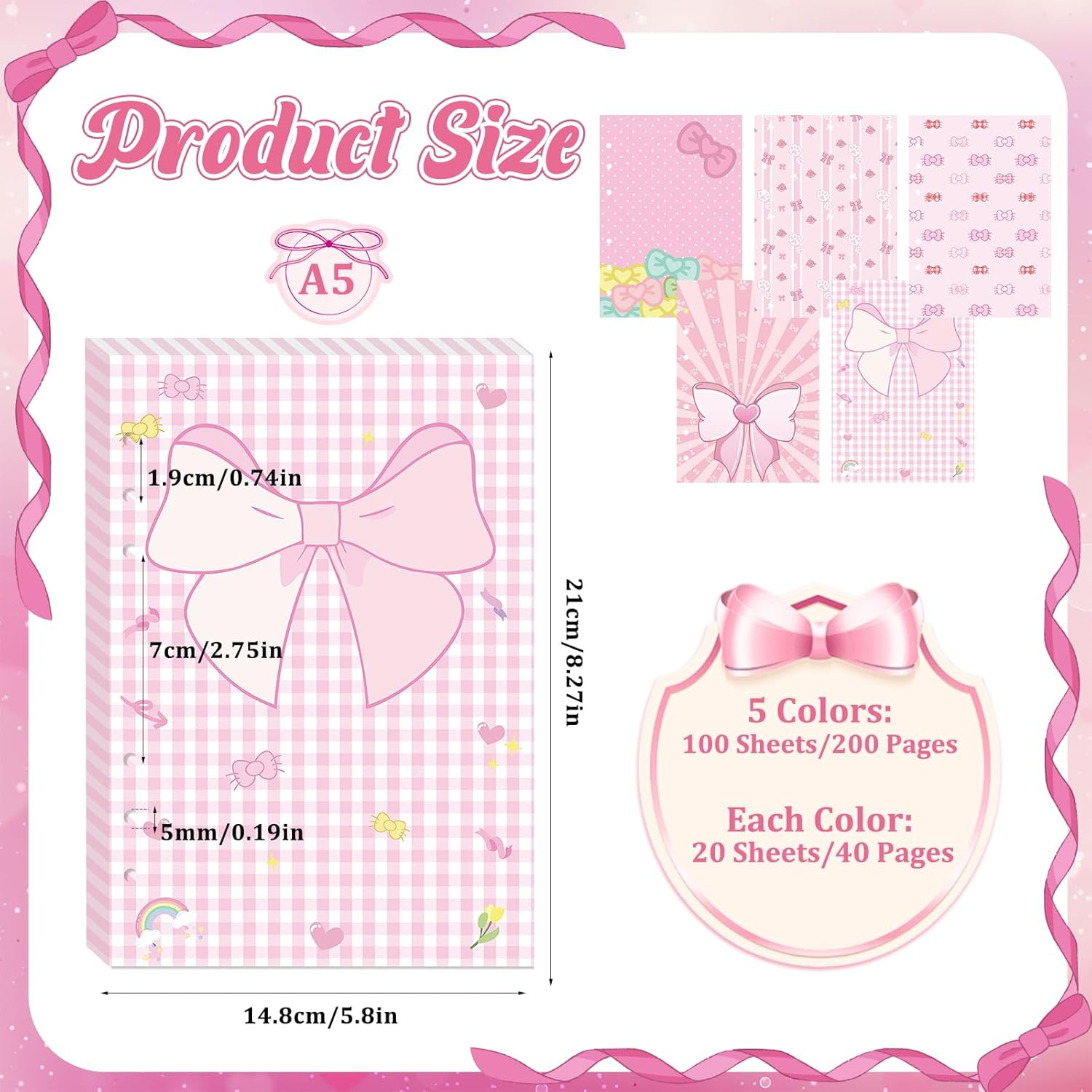 100 Sheets Pink Bow A5 Planner Inserts – 120GSM Thick Bowknot Refill Papers for