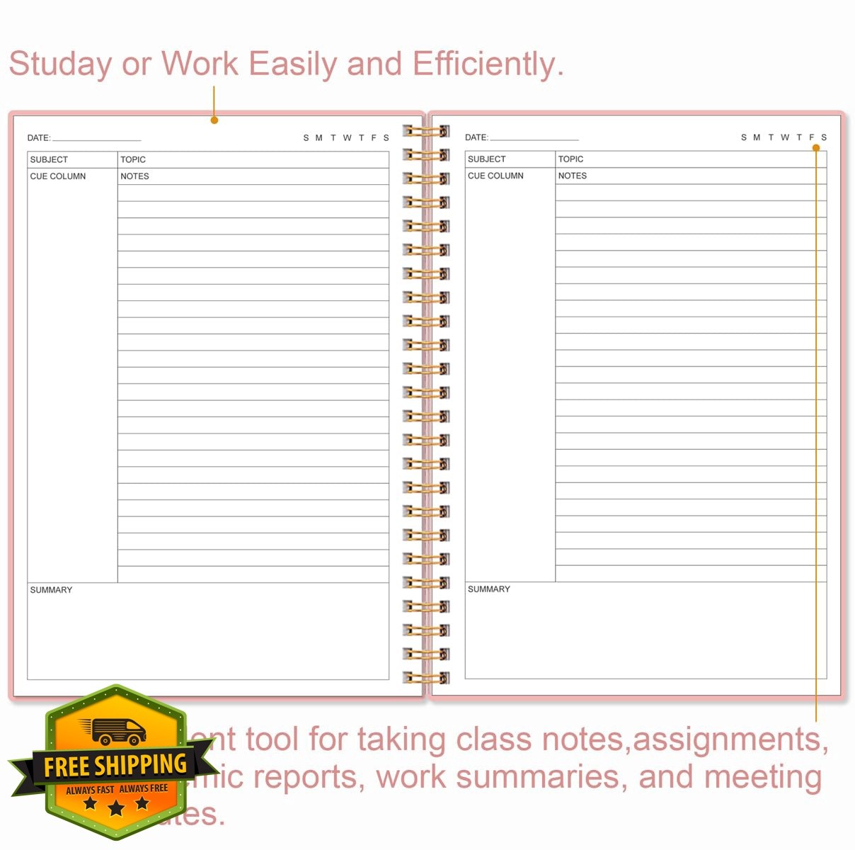 Yaridar A5 Cornell Notebook Pink 5.8″ x 8.5″