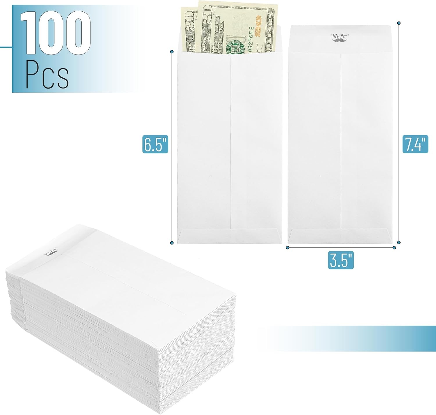 Mr. Pen- Money Envelopes for Cash, 100 Pack, 6.5″ x 3.5″, White, Small Money Sav