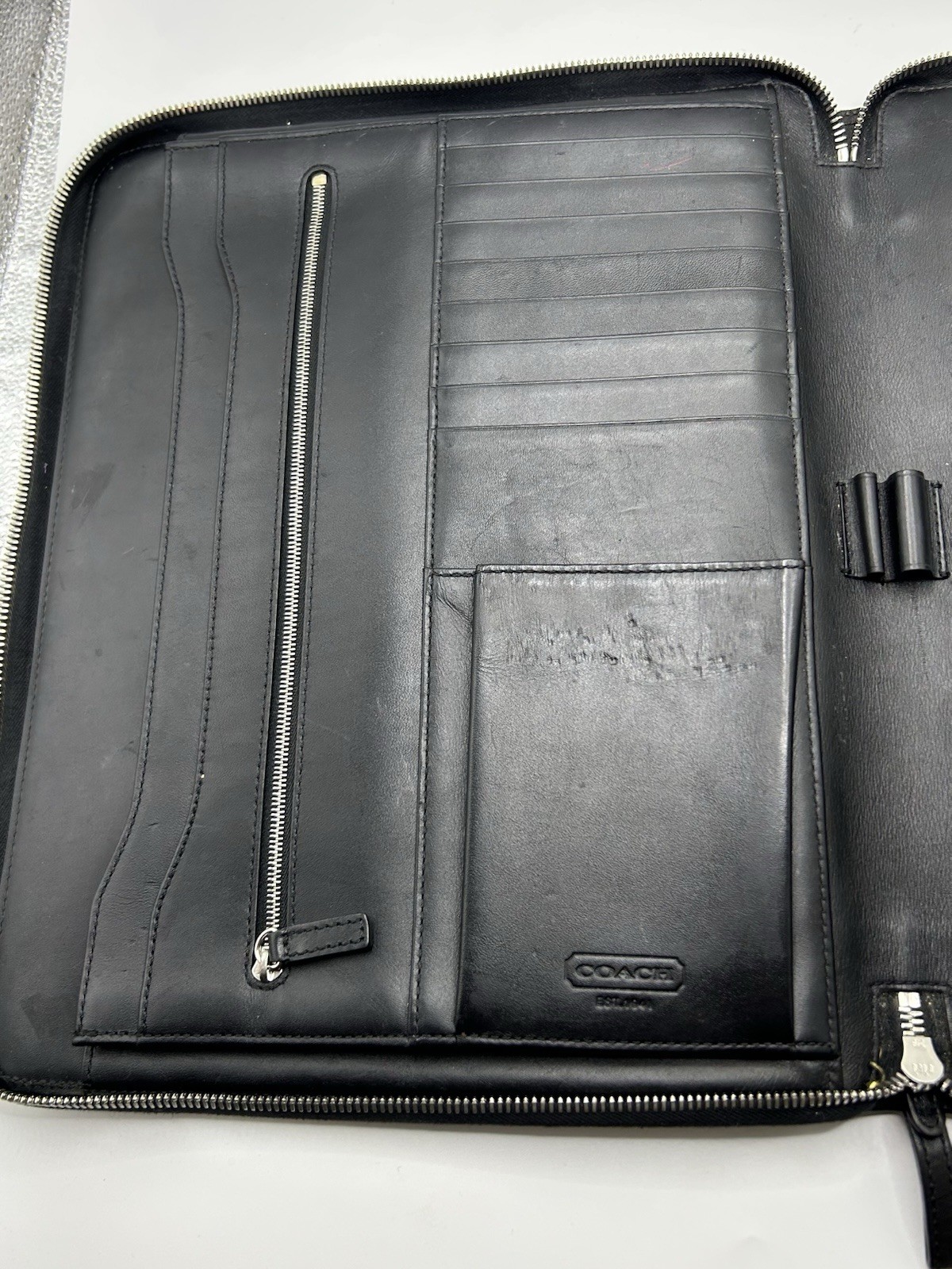 Coach Black Leather Zip Portfolio Organizer Pad Folio Business Case