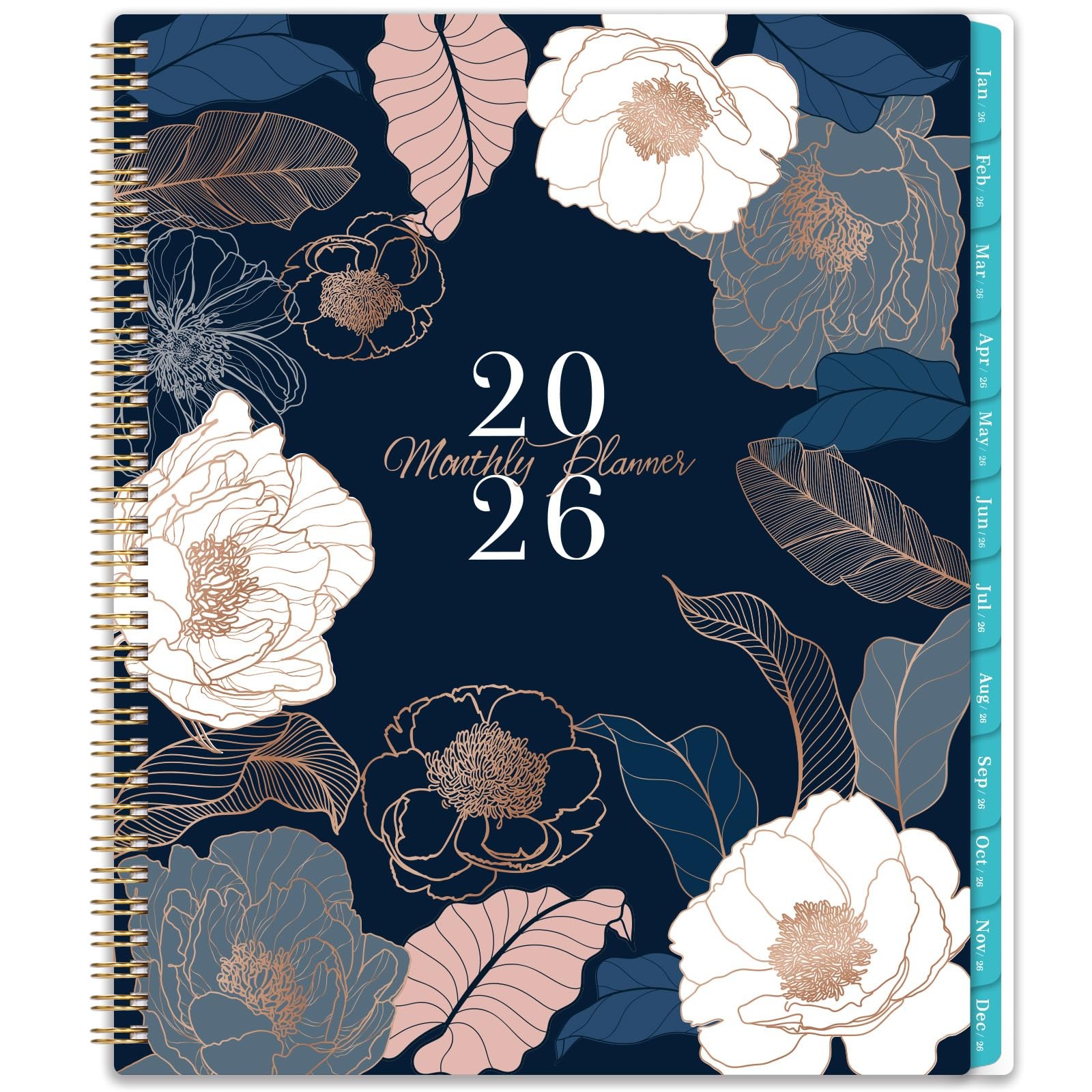Monthly Calendar 2026, Twin Wire Binding, Floral Design, Thick Paper, Blue