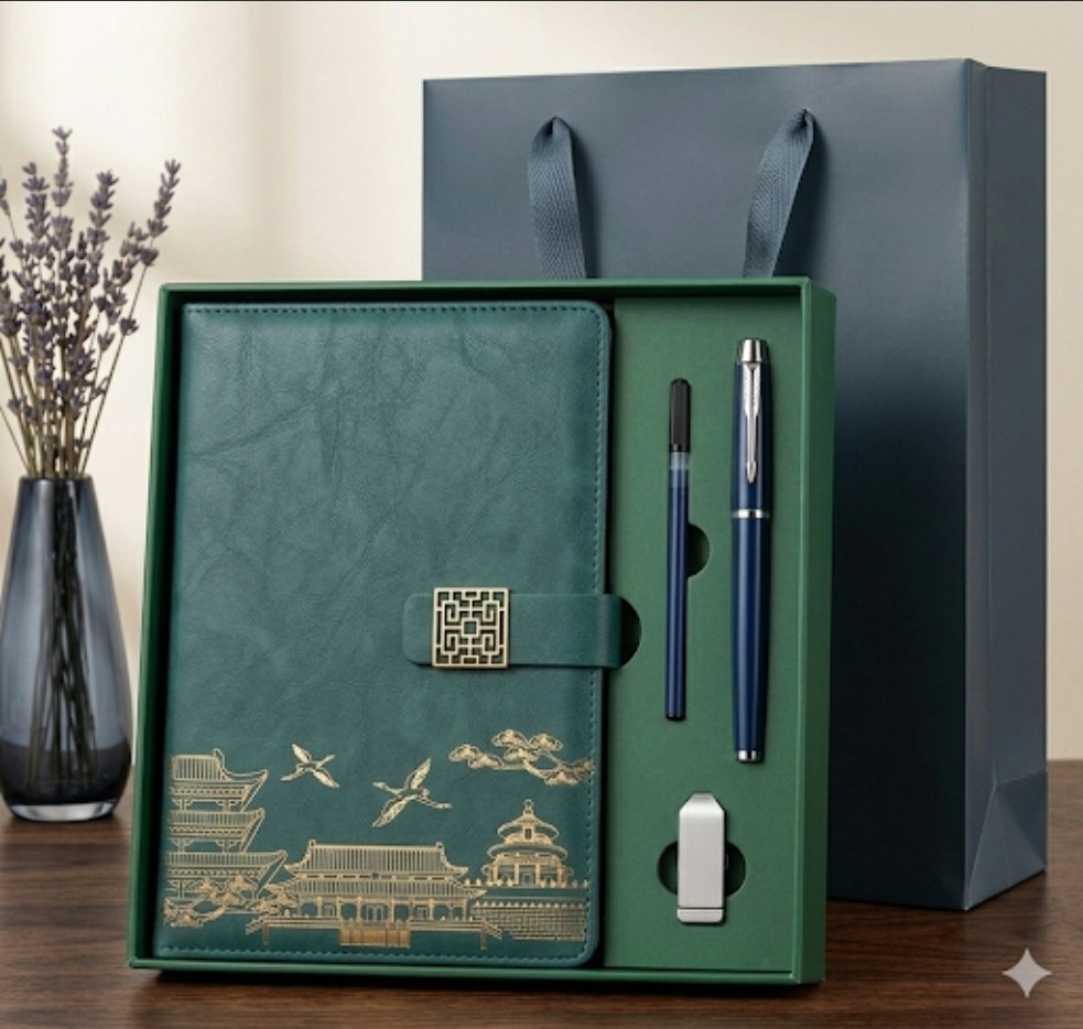Premium Notebook Gift Set A5 Green/Gold Scenic Architecture Theme
