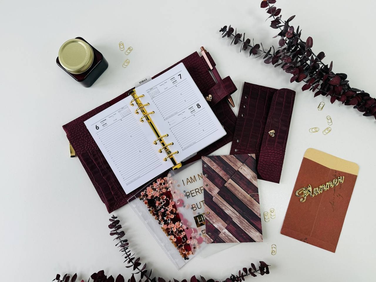 Burgundy A6 leather notebook cover binder 6-Rings. Dated planner gift for her.