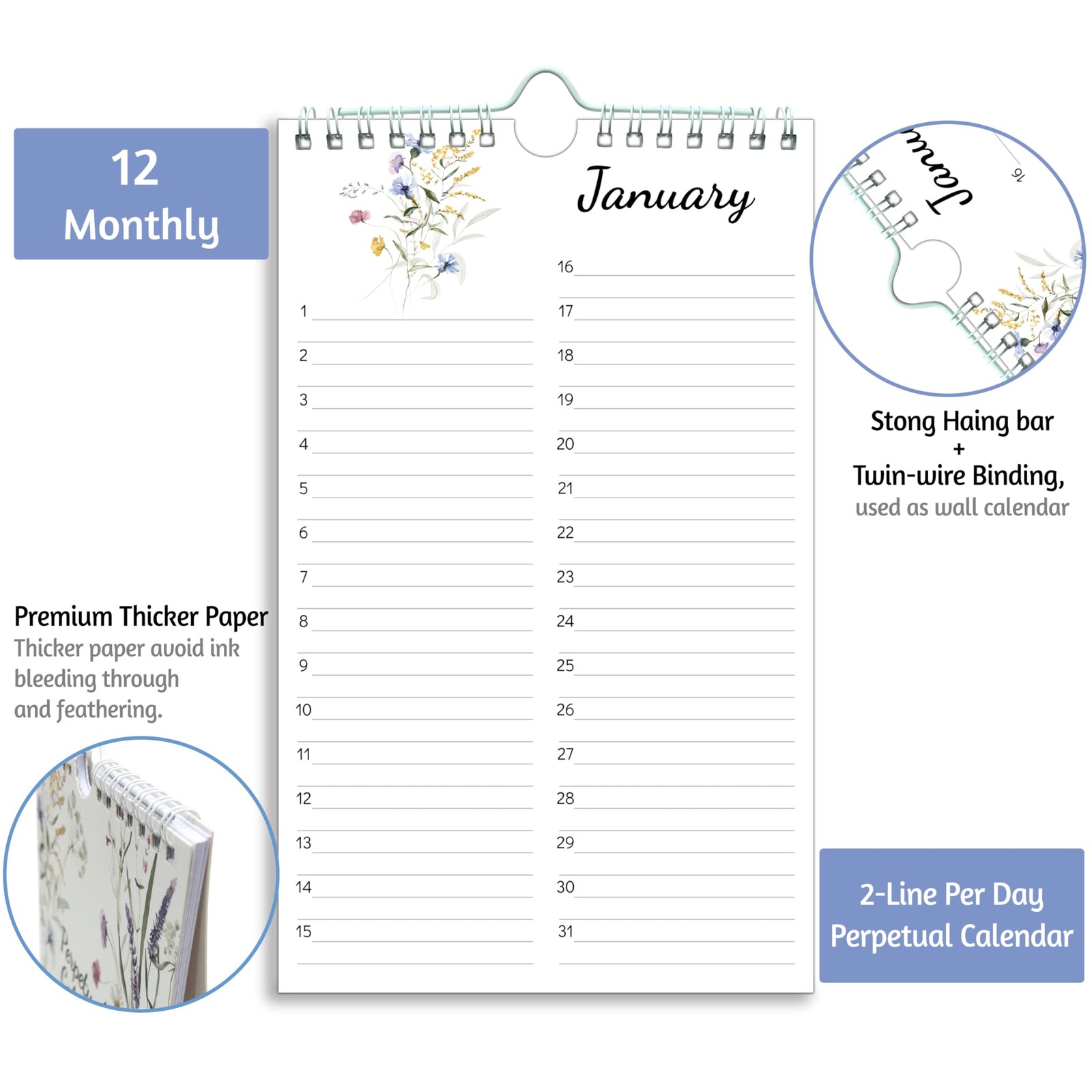 Perpetual Calendar – Undated 12-Month for Birthday, multicolored
