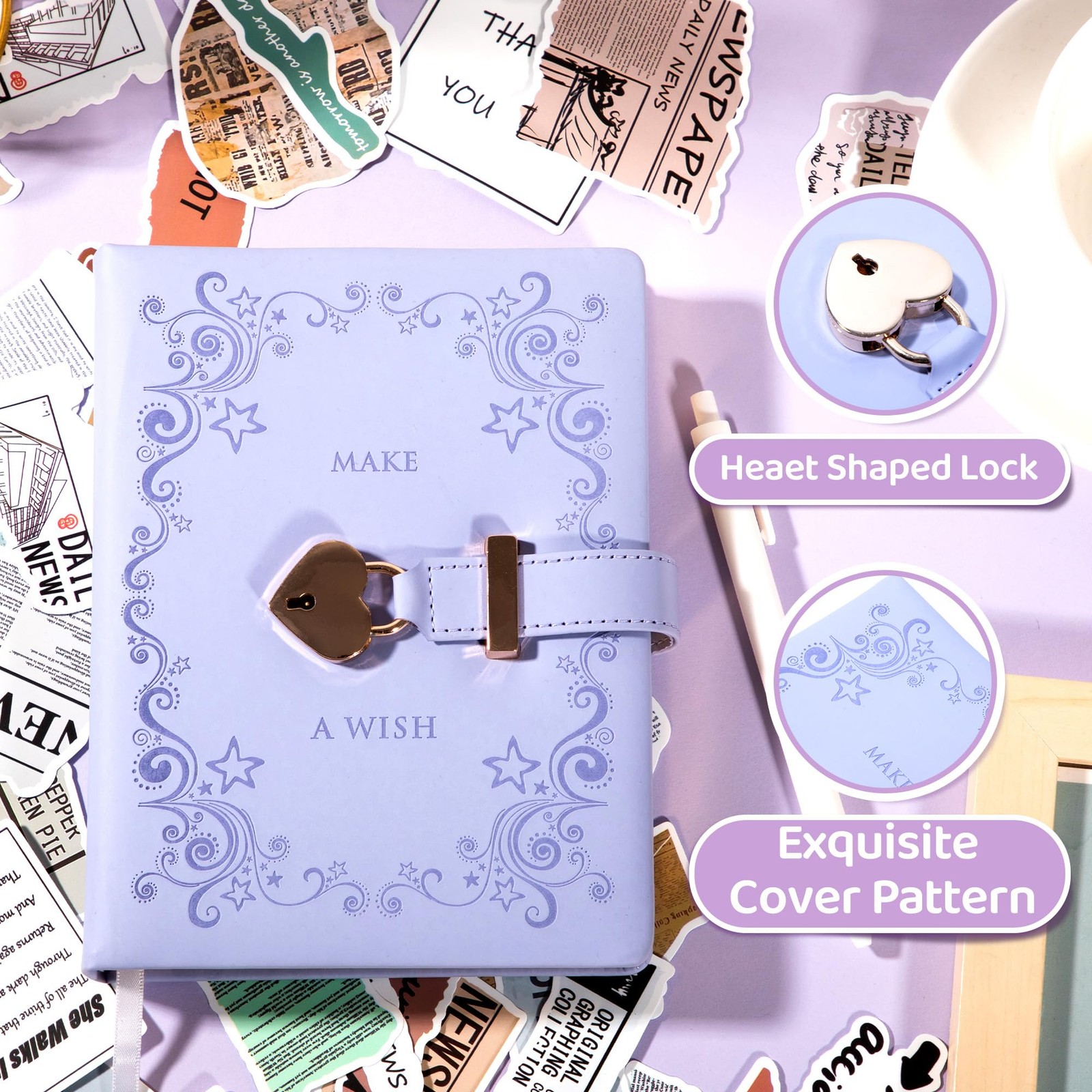 CAGIE Diary with Lock for Girls Pen Heart Shaped Vintage Purple