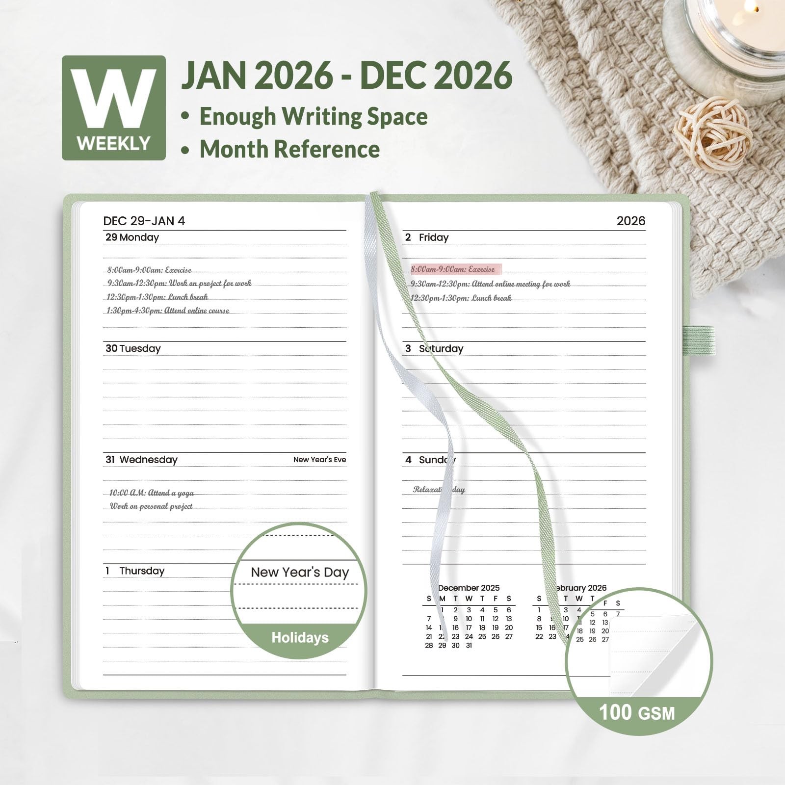 SUNEE 2026 Pocket Weekly Planner 3.5″x6″ Hardcover 12-Month Notes Sage Green