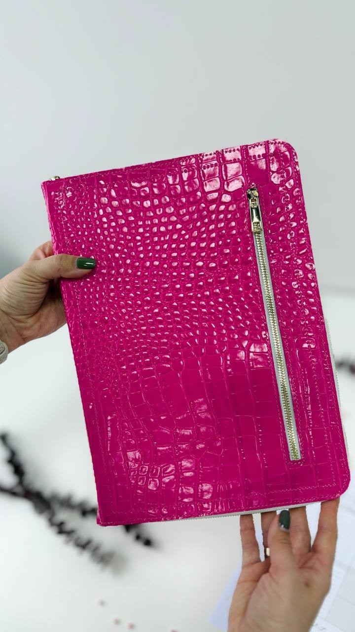 Italian Leather A4 Portfolio. Pink A4 planner Zippered Binder.
