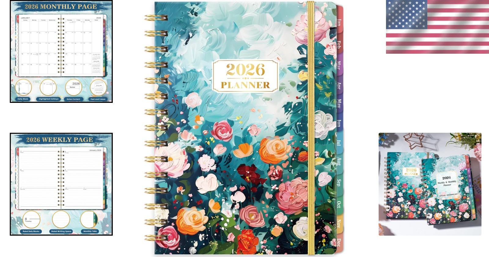 Chic 2026 Planner – Floral Design, Elastic Closure, 6.3″ x 8.4″ with Back Pocket