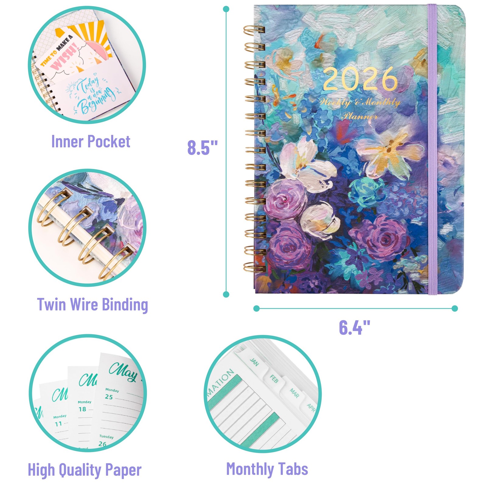 2026 Planner, Weekly and Monthly Calendar 6.4″ x 8.5″(2026）, Spring Floral