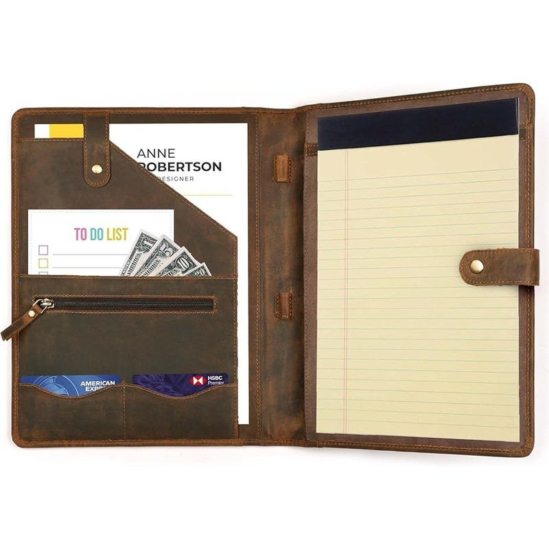 Handmade Full Grain Leather Padfolio Organizer W/ Card Slots & Pen Loops New