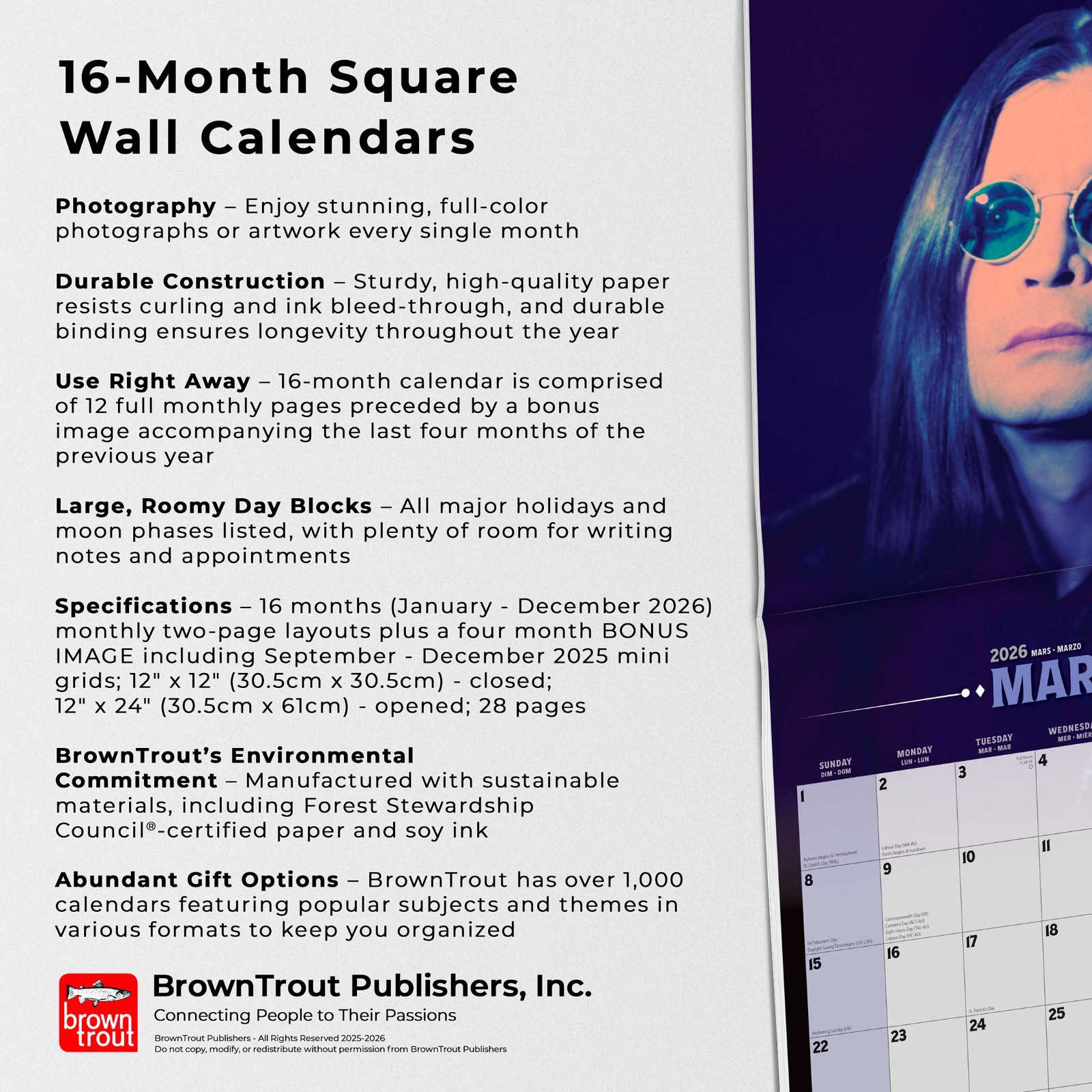 Ozzy Osbourne OFFICIAL | 2026 12×24″ (Hanging) Monthly Square Wall Calendar