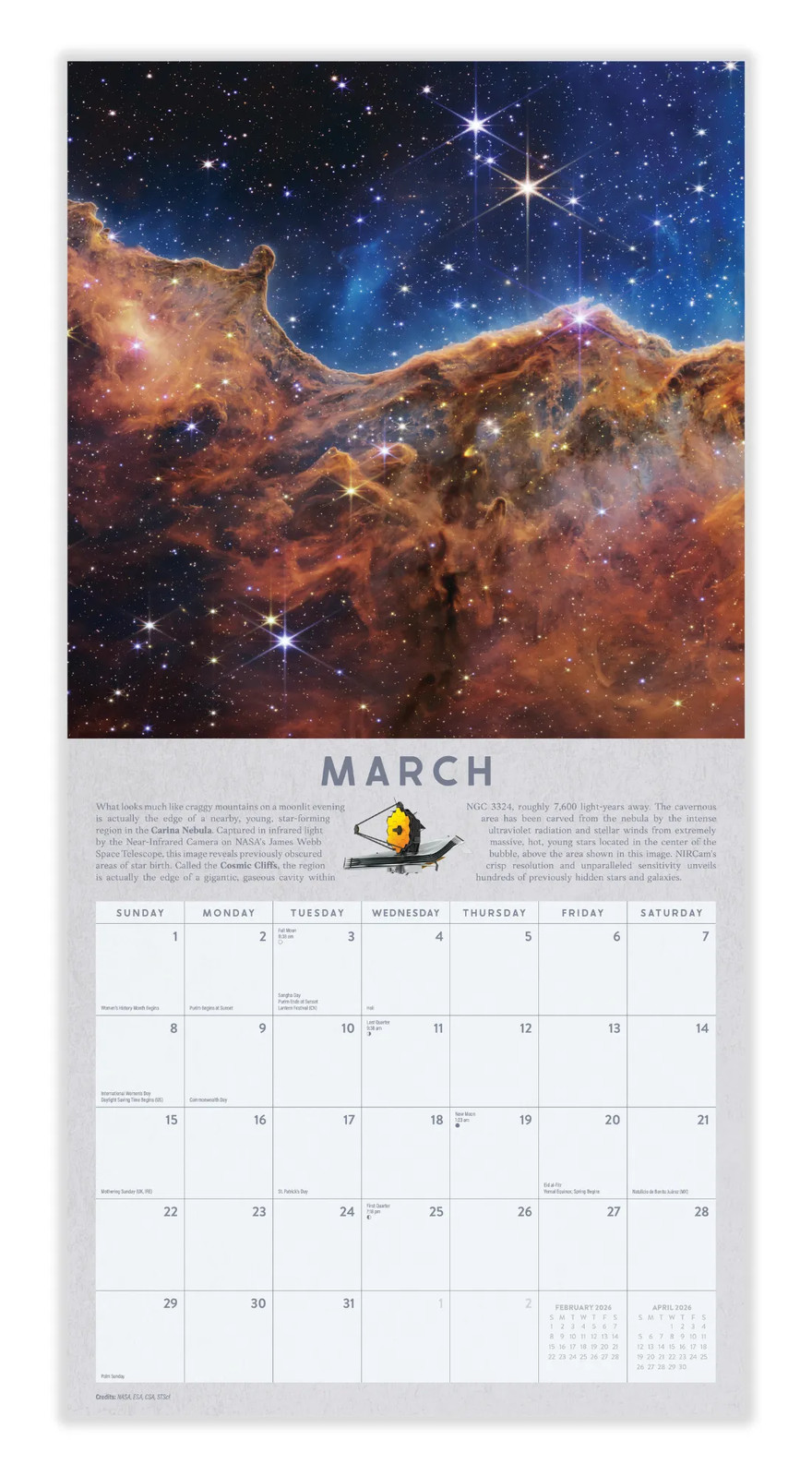 James Webb Calendar 2026 | 12″ x 24″ 12 Month Calendar | Marble City Press