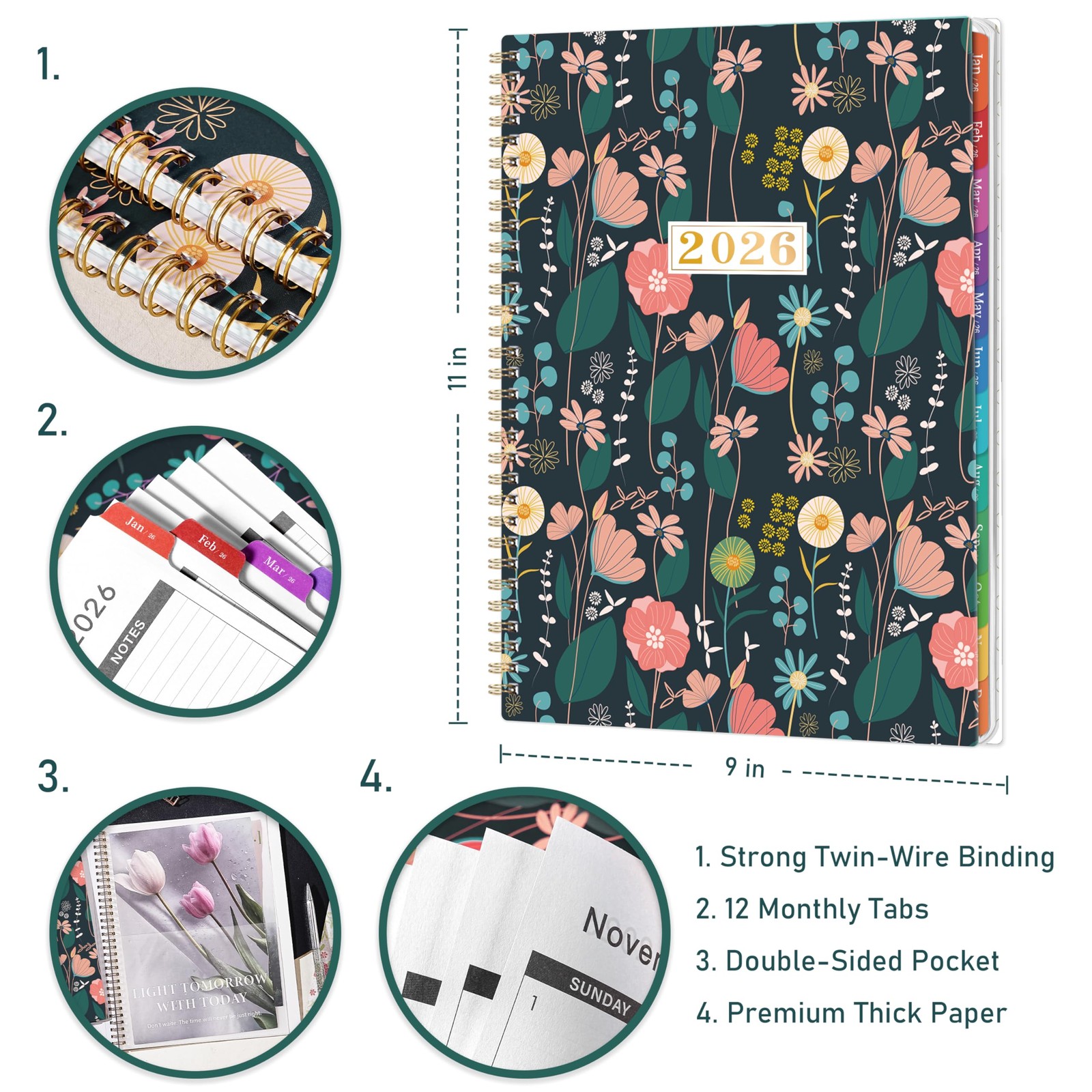 2026 Monthly Planner – January 2026 – December 2026, 9″ x 11″, Multicolor