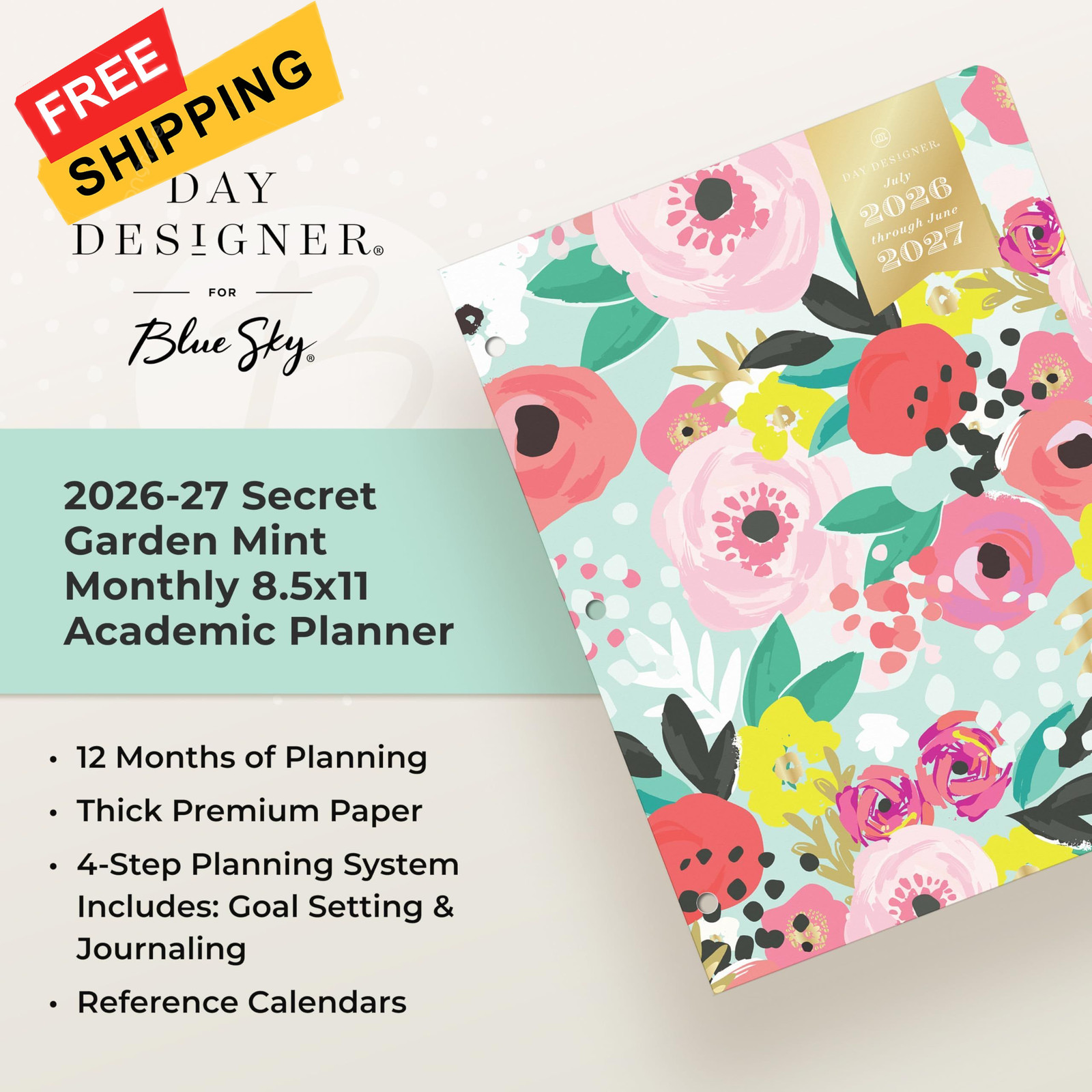 Blue Sky Day Designer 2026-2027 8.5″ x 11″, Secret Garden Mint- 2026/2027