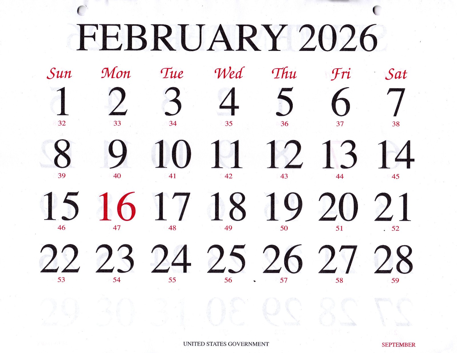 Unicor 2026 Fed Wall Calendar, Qty=1, Individual, Single, Displays 3 Months !!