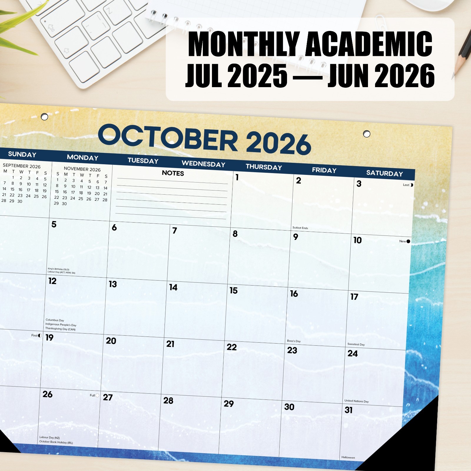 Beaches Academic Year July 2026-June 2027 17″x12″ Small Monthly Deskpad Calendar
