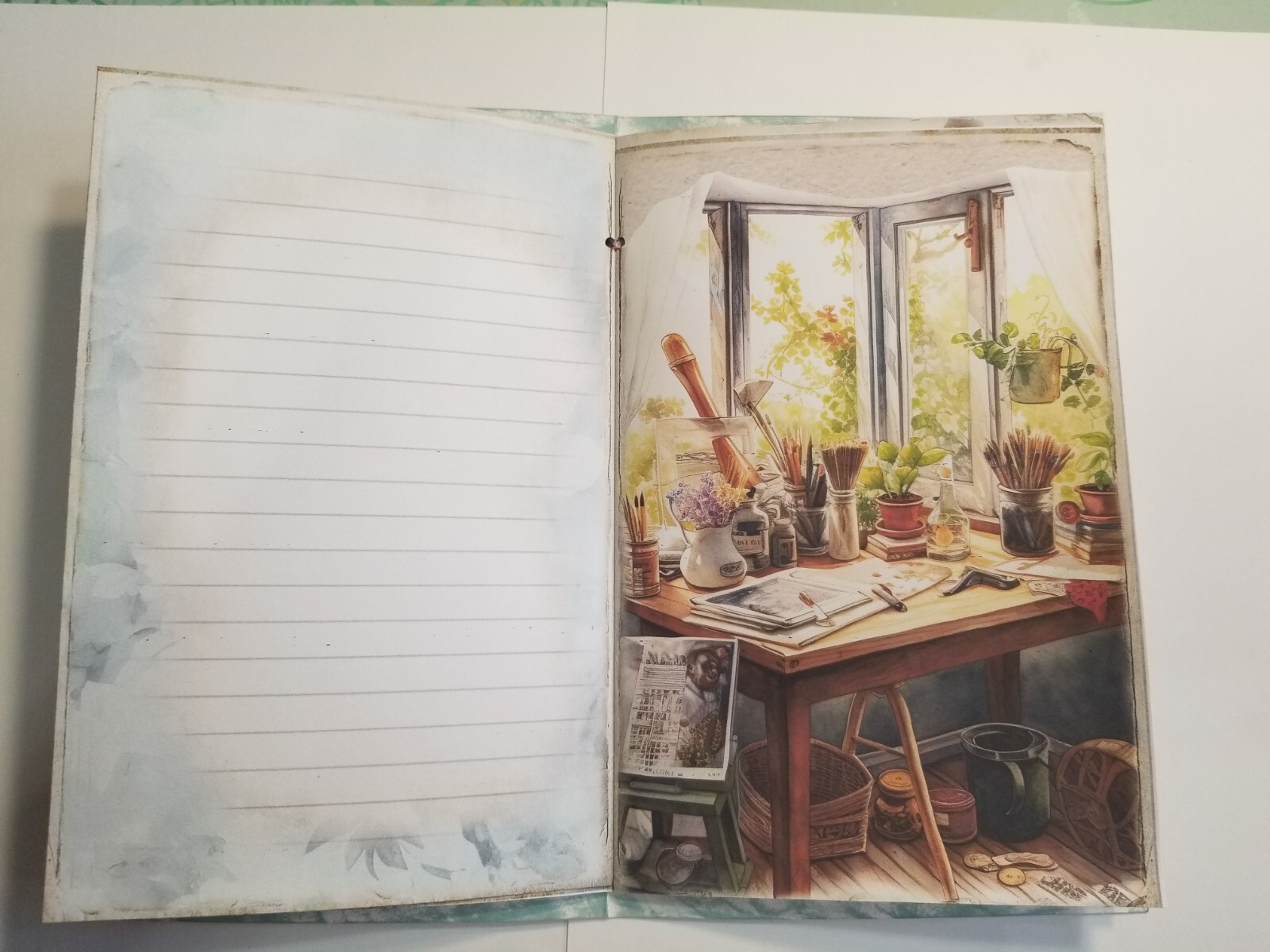 Junk Journal Blank Booklet “ARTIST’S STUDIO” HANDMADE PAINTING LG 8.5″x5.5″ 40pg