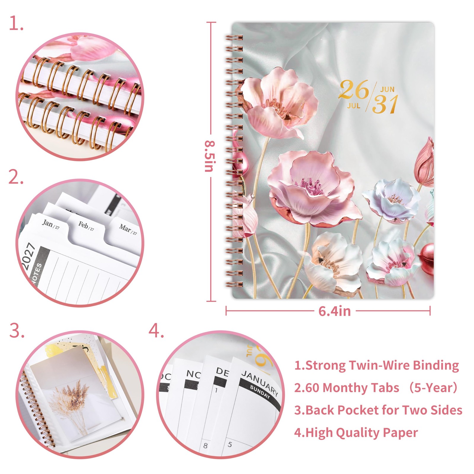 5-Year Monthly Planner 2026-2030, Spiral Bound with Tabs, 6.4″ x 8.5″, Pink