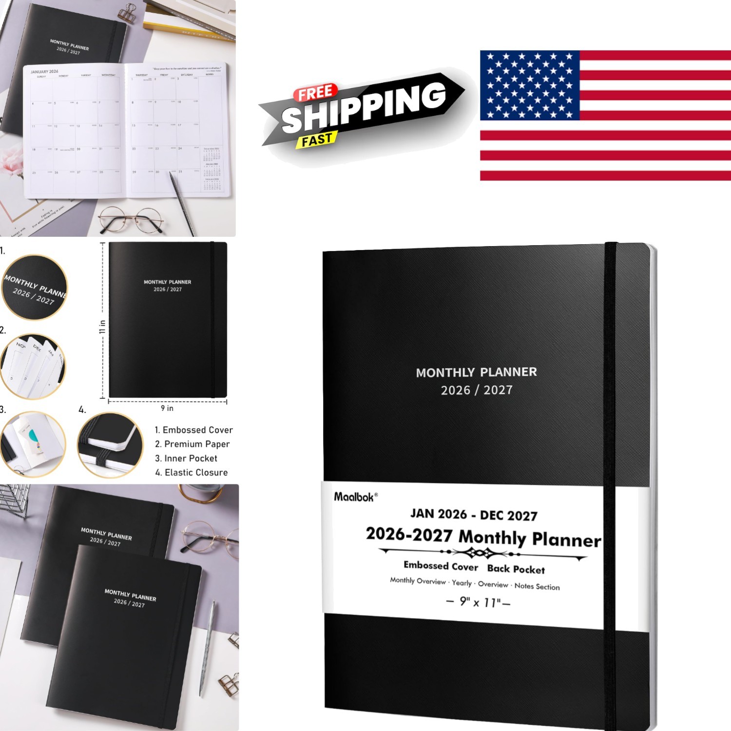 Monthly Organizer 2026 2027 Calendar 24 with Elastic Closure and Pocket