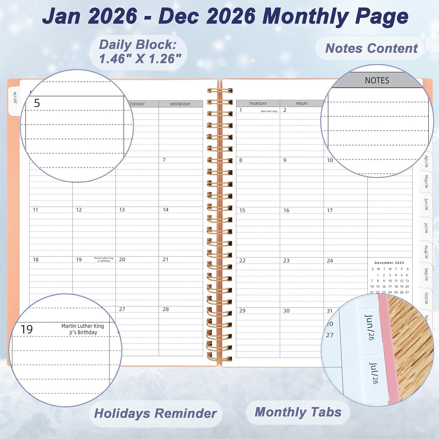 Day Planner 2026, Weekly and Monthly Planner 2026, Jan 2026-Dec 2026, 6.2″ X 8.4