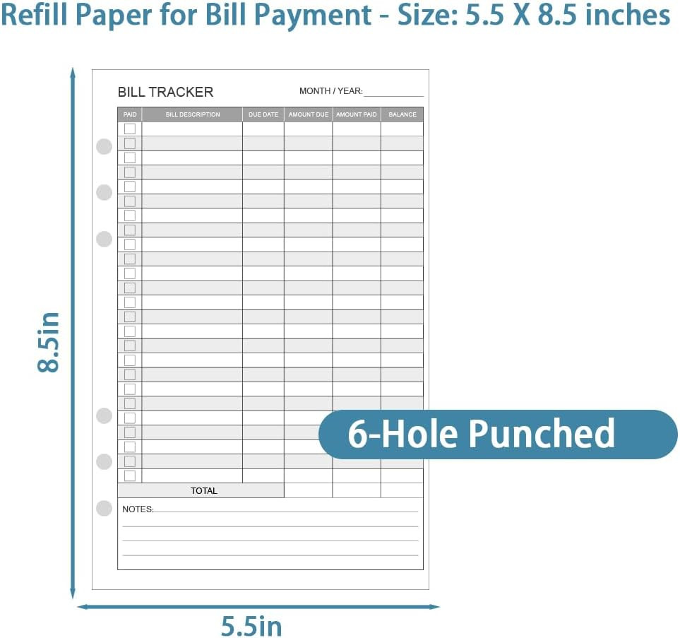 Bill Payment Tracker Refills – 100 Sheets/200 Pages, Bill Pay Checklist Refills