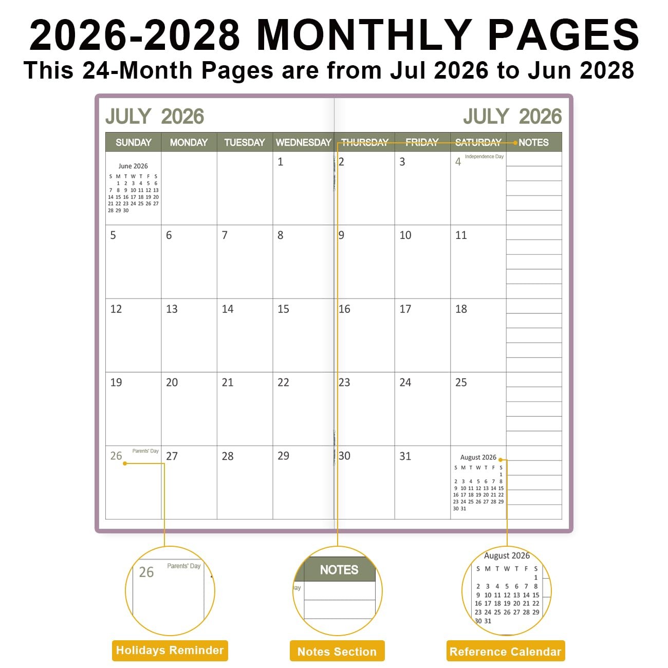 2026-2027 Pocket Calendar for Purse – Mini Monthly 3.5” x 6.5”, Purple