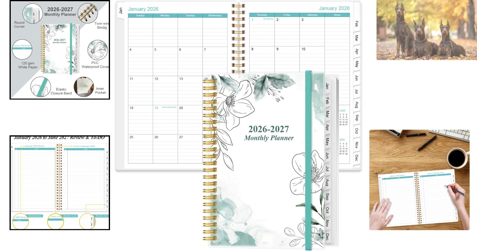 Stylish 2026-2027 Planner – Tabbed Monthly Layout with Ruled Pages, Teal Floral
