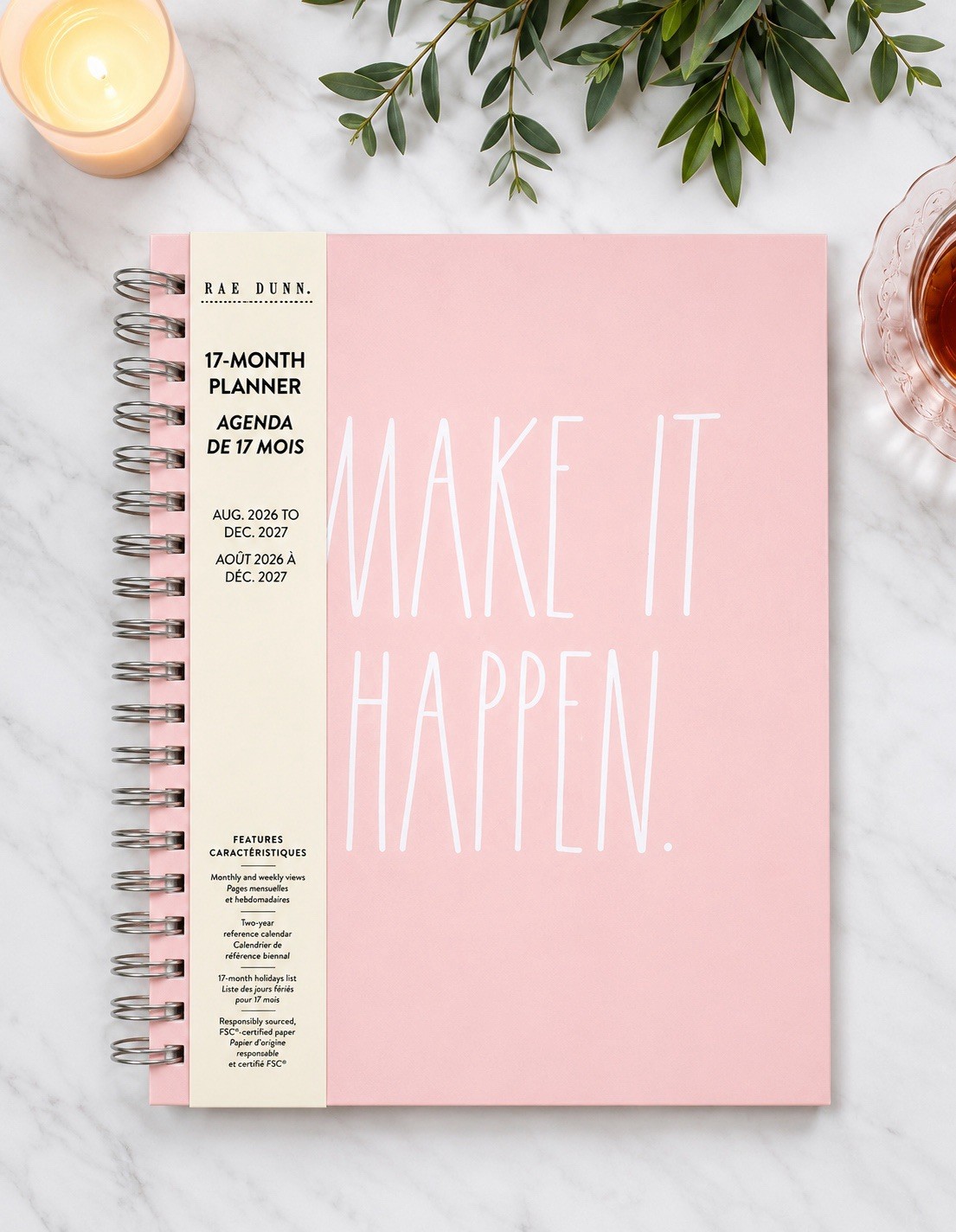 2027 Planner RAE DUNN Spiral Hard Cover 17-Month MAKE IT HAPPEN Pink White LARGE