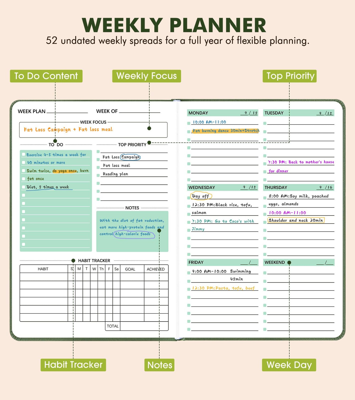 Undated A5 Weekly Monthly Planner Hardcover Leather Goal Habit Tracker Green
