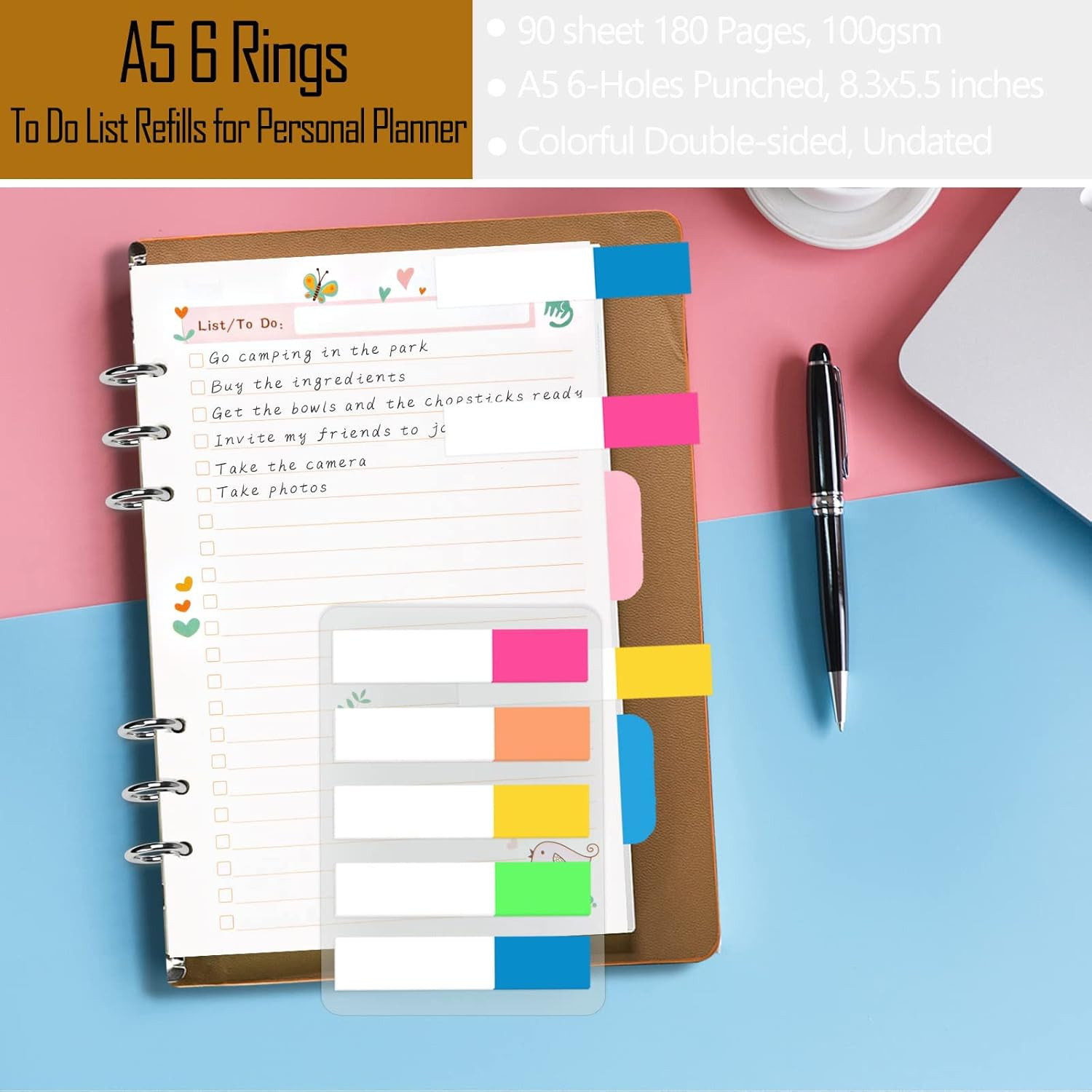 A5 Planner Inserts to Do List, 90 Pages Colorful 6-Ring Loose-leaf Planner Refil