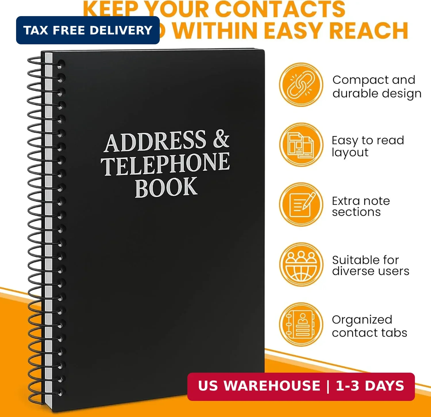 Iconikal Address Telephone Book, 8×5-Inch, Black, Spiral-Bound, 384 Contacts, Or