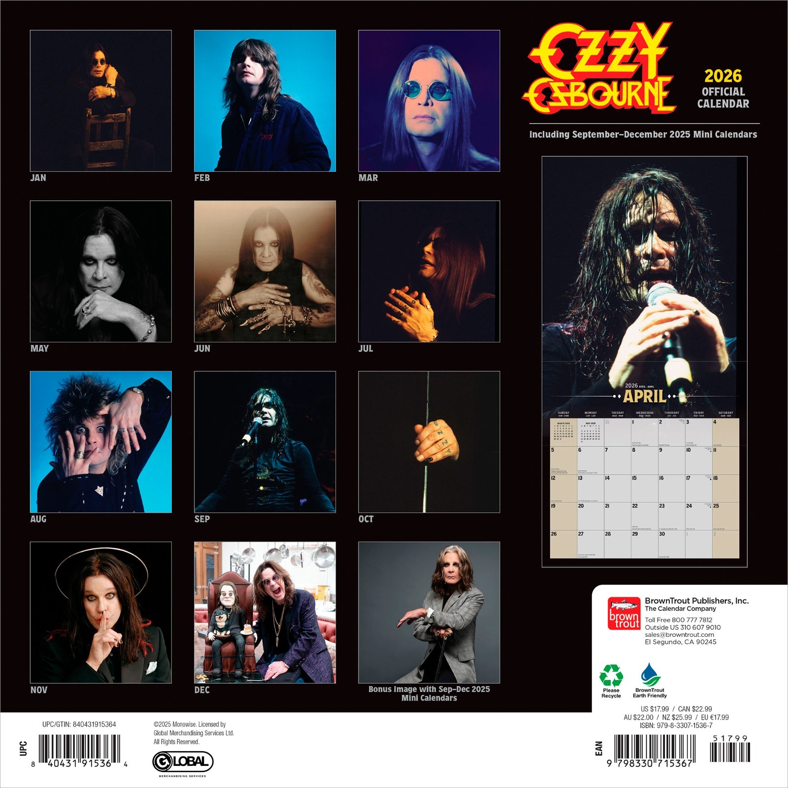 Ozzy Osbourne OFFICIAL | 2026 12×24″ (Hanging) Monthly Square Wall Calendar