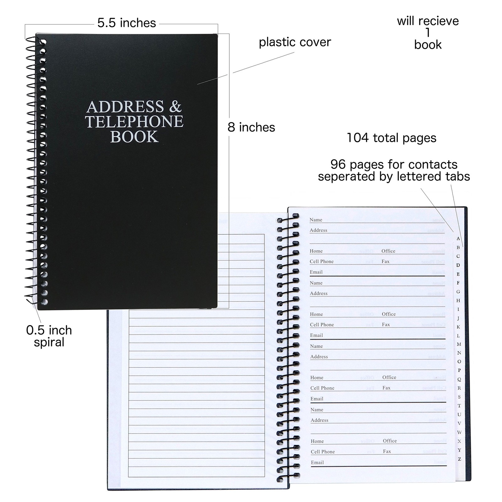 Spiral Bound Black Address Book for Contacts Phone Numbers and Notes 104 Pages